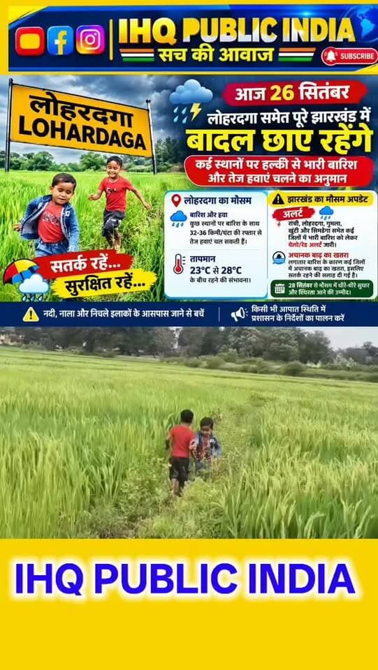 लोहरदगा में आज फिर बदलेगा मौसम का मिजाज! काले बादल, तेज हवाओं के साथ बारिश का अलर्ट
#लोहरदगा-अपडेट