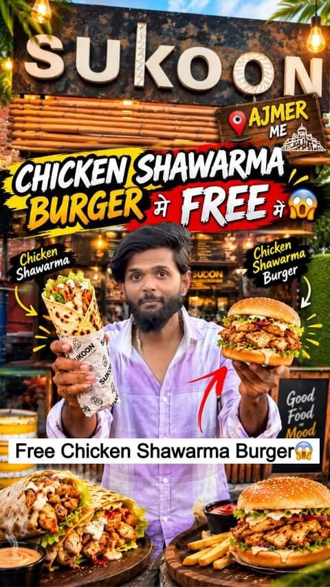 Ajmer Me Chicken Shawarma Burger Free📍😱 3 Chicken Shawarma Ke Saath 1 Chicken Shawarma Burger bilkul Free📍🔥
.
Full Address:- Chandravardai Nagar Main Road Near Tempo Stand Sukoon Cafe & Restaurant Ajmer
.
Follow For More Videos:- @moin_baig_vlogs
.
Call For More Information:-
📲+918905833890 ☎️+919216614477
.
Offer Date:- 28 September To 30 September 2026
Offer Timing:- 05:00PM To 10:00PM
.
#ajmer #moinbaigvlogs #chicken #shawarma #chickenlover
.
.
chicken shawarma, chicken shawarma lover, chicken shawarma lovers, shawarma lover, shawarma lovers, chicken shawarma burger, chicken shawarma burger lover, chicken shawarma burger lovers, shawarma burger, shawarma burger lover, chicken lovers, chicken food lover, chicken food lovers, non veg lovers, non veg food lovers, chicken street food, chicken fast food, shawarma lovers india, chicken lovers india, shawarma india, best shawarma, juicy chicken shawarma, crispy chicken, grilled chicken, chicken roll, chicken wrap, chicken burger, chicken sandwich, arabic food lover, arabic food lovers, middle eastern food, street food lovers, street food india, fast food lovers, foodies india, food lover, food lovers, food reels, chicken reels, shawarma reels, chicken food reels, ajmer food, ajmer foodies, ajmer food lovers, ajmer shawarma, ajmer chicken shawarma, ajmer street food, ajmer fast food, ajmer food reels, rajasthan foodies, rajasthan food lovers, chicken offer, shawarma offer, free chicken shawarma burger, 3 chicken shawarma 1 free burger ajmer sharif dargah viral videos ajmer sharif dargah bazaar videos ajmer sharif non veg family restaurant ajmer sharif tourism videos ajmer sharif non veg videos ajmer family cafe videos ajmer fast food offer videos ajmer shawarma offer videos ajmer cafe videos ajmer ladies market videos ajmer girls market videos ajmer chor bazaar videos ajmer viral market videos non veg offer videos unlimited non veg videos