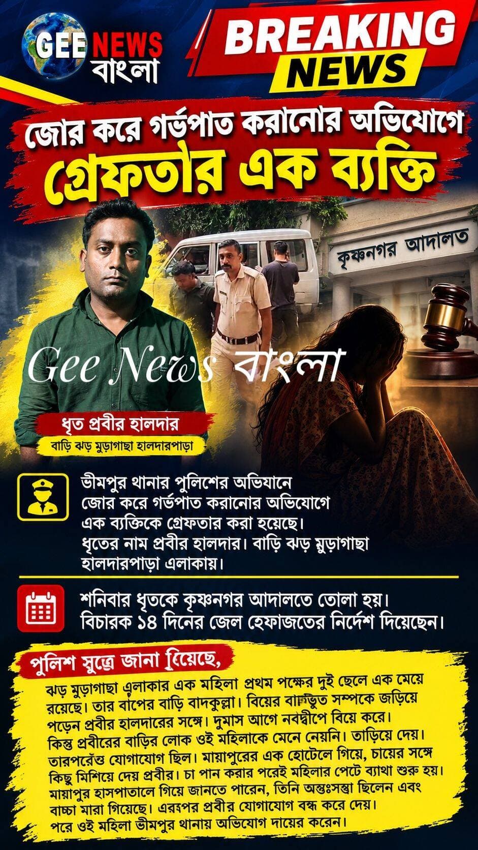 স্ত্রীর মর্যাদা দিতে অস্বীকার ও জোর করে গর্ভপাত করানোর অভিযোগে গ্রেফতার যুবক