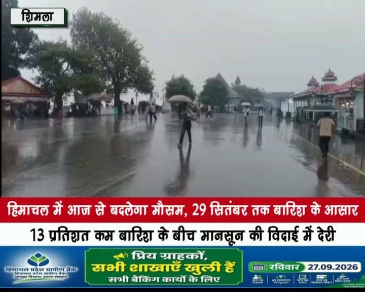 हिमाचल में आज से बदलेगा मौसम, 29 सितंबर तक बारिश के आसार
13 प्रतिशत कम बारिश के बीच मानसून की विदाई में देरी