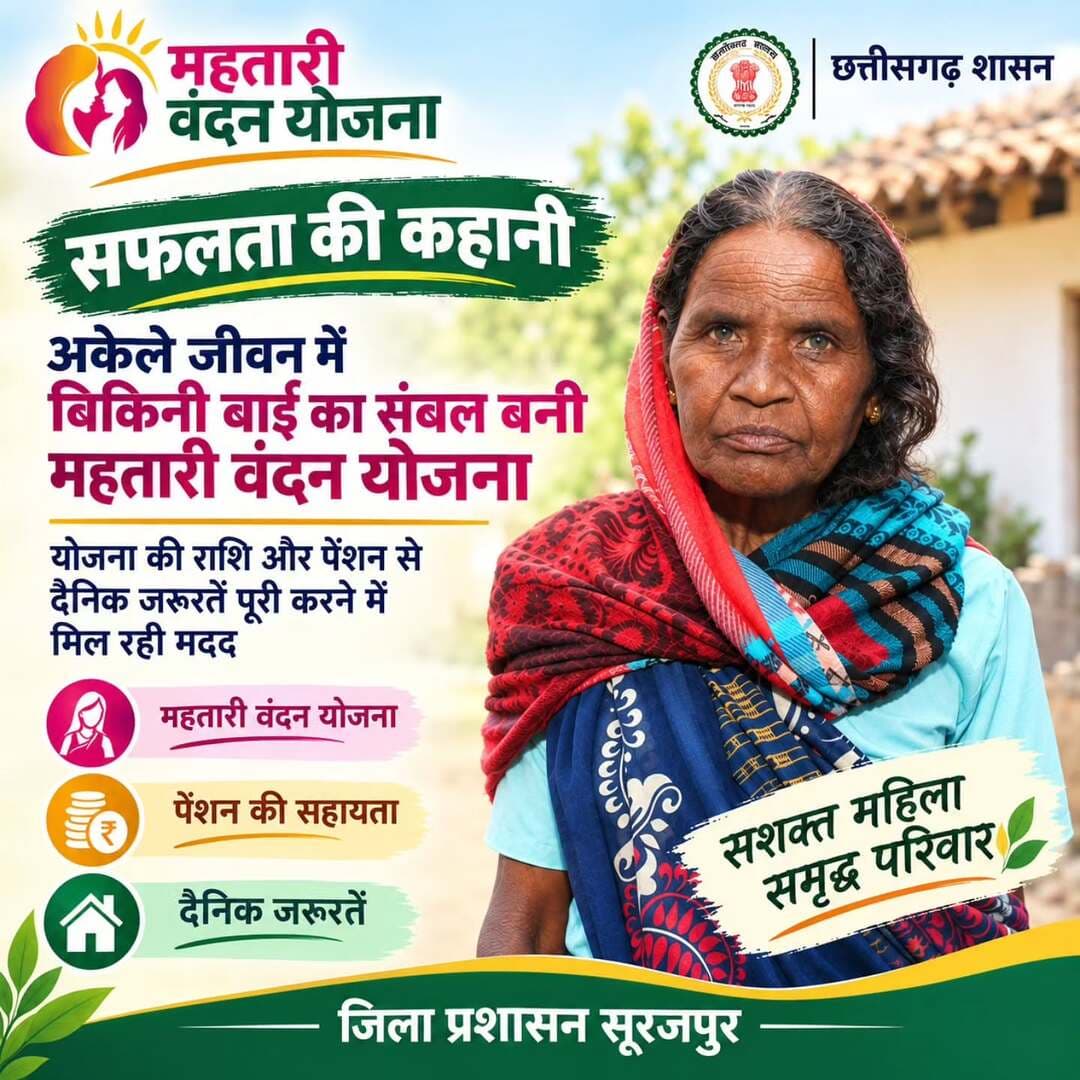 महतारी वंदन योजना और पेंशन से श्रीमती बिगिनी बाई को मिल रहा आर्थिक संबल। योजना की नियमित सहायता से दैनिक जरूरतों की पूर्ति में मिल रही मदद और जीवन में बढ़ रहा आत्मविश्वास।
<nis:link nis:type=tag nis:id=सेवासंकल्पअभियान nis:value=सेवासंकल्पअभियान nis:enabled=true nis:link/> <nis:link nis:type=tag nis:id=sevasankalpabhiyan nis:value=SevaSankalpAbhiyan nis:enabled=true nis:link/> <nis:link nis:type=tag nis:id=जनकल्याण nis:value=जनकल्याण nis:enabled=true nis:link/>
@chhattisgarhcmo @dpr.chhattisgarh @wcd_cg @rena_jamil_ias