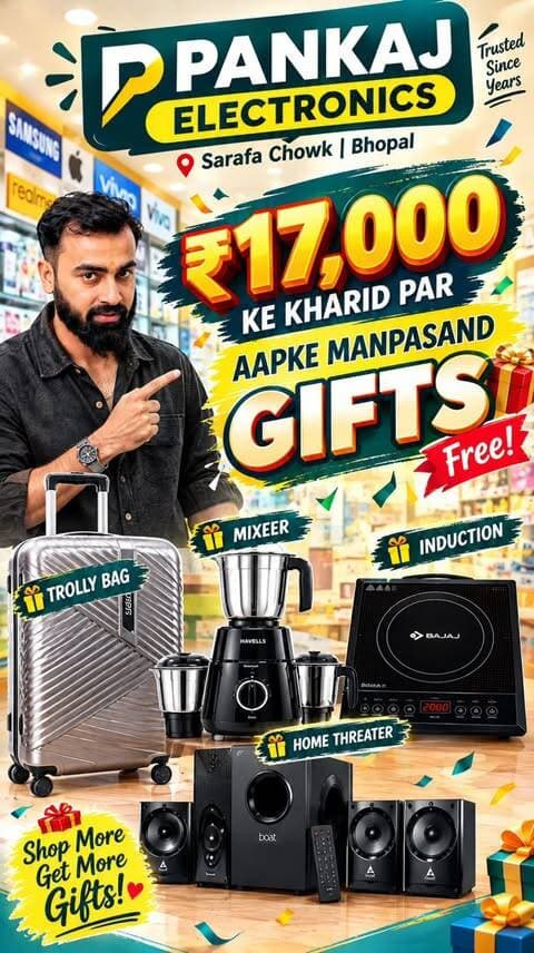 🎁 ₹17,000 की खरीद पर आपके मनपसंद GIFTS बिल्कुल FREE! 🎉
अब शॉपिंग होगी और भी ज़्यादा मज़ेदार! 😍 Pankaj Electronics पर ₹17,000 या उससे अधिक की खरीदारी करें और अपने पसंद का FREE Gift चुनें। 🎁
✅ Trolly Bag
✅ Mixer Grinder
✅ Induction Cooktop
✅ Home Theater
📍 Pankaj Electronics – Shop No. 36, Sarafa Chowk, Bhopal (M.P.)
📞 9302204320 | 9303056582
#PankajElectronics #Bhopal #FreeGifts #17000Offer #GiftOffer TrollyBagFree MixerGrinder InductionCooktop HomeTheater MobileOffers ElectronicsStore BhopalDeals ShoppingOffer BestDeals FestivalOffer SmartShopping BhopalShopping TechDeals ReelsIndia TrendingOffers