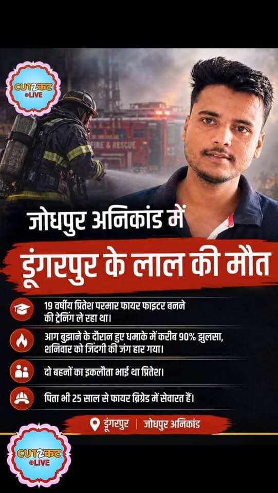 फायर फाइटर प्रीतेश परमार को भावभीनी श्रद्धांजलि।
जोधपुर अग्निकांड में डूंगरपुर के लाल ने देशसेवा करते हुए अपनी जान गंवाई। ईश्वर दिवंगत आत्मा को शांति दें और परिवार को शक्ति प्रदान करें। 🙏
Cut 2 Cut परिवार की ओर से विनम्र श्रद्धांजलि।
#PriteshParmar #Dungarpur #FireFighter #Jodhpur #श्रद्धांजलि Cut2Cut Cut2CutLive RajasthanNews