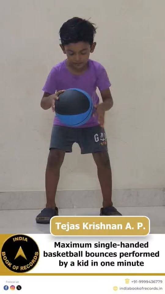 202 Basketball Bounces in Just 60 Seconds! | India Book of Records
At just 5 years old, Tejas Krishnan A. P. from Kanyakumari, Tamil Nadu performed an incredible 202
single-handed basketball bounces in one minute using his right hand. His speed, control and
coordination made this challenge truly impressive. The remarkable feat earned him recognition from
the India Book of Records and was officially confirmed on June 5, 2026.
#indiabookofrecords #basketballrecord #youngachiever #kidsrecord #ibr