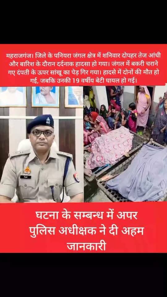 🚨 ब्रेकिंग न्यूज़ | महराजगंज
🌧️ तेज आंधी-बारिश का कहर, पेड़ गिरने से दंपती की मौत
📍 पनियरा थाना क्षेत्र के चन्दनचाफी गाँव के बगल में स्थित जंगल में दर्दनाक हादसा
शनिवार दोपहर बकरी चराने गए गौरी शंकर पासवान (55) और उनकी पत्नी श्रीमती देवी के ऊपर अचानक सांखू का पेड़ गिर गया। हादसे में दोनों की मौत हो गई, जबकि उनकी 19 वर्षीय बेटी अंजीलिका घायल हो गई।
घटना के बाद परिवार में मचा कोहराम, सूचना पर पहुंची पुलिस ने दोनों शवों को कब्जे में लेकर पोस्टमार्टम के लिए भेज दिया।
⚠️ तेज आंधी-बारिश के दौरान जंगल और पेड़ों के आसपास जाने से बचें।
Public maharajganj
#Maharajganj #MaharajganjNews #Panियरा #Paniyara #BreakingNews #UPNews #UPNewsUpdate #RainAlert #HeavyRain #Storm #AccidentNews #MaharajganjPolice #ViralNews #PublicMaharajganj #PublicMaharajganjNews