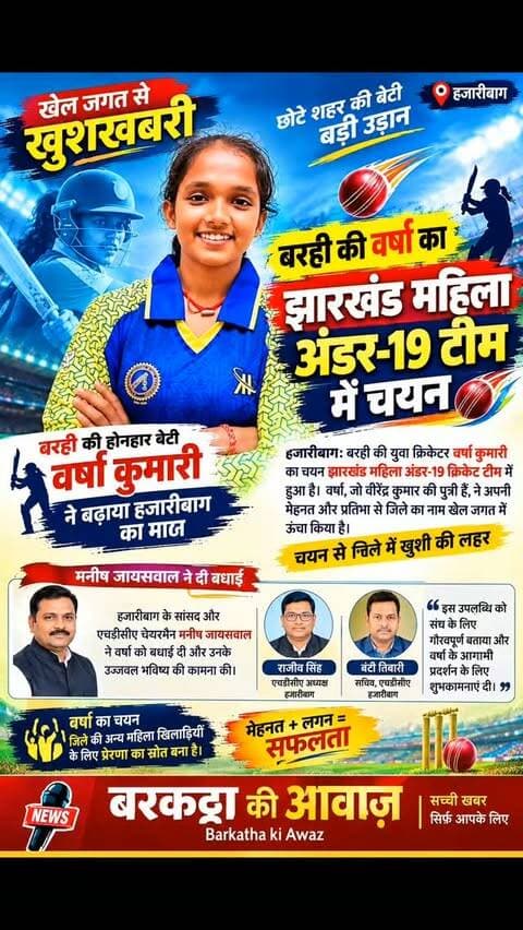 झारखंड अंडर-19 महिला क्रिकेट टीम में बरही की वर्षा का चयन
हजारीबाग: बरही की युवा क्रिकेटर वर्षा कुमारी का चयन झारखंड महिला अंडर-19 क्रिकेट टीम में हुआ है। वर्षा, जो वीरेंद्र कुमार की पुत्री हैं, ने अपनी मेहनत और प्रतिभा से जिले का नाम खेल जगत में ऊंचा किया है। इस चयन की खबर से हजारीबाग जिला क्रिकेट संघ और स्थानीय क्रिकेट प्रेमियों में खुशी का माहौल है।
हजारीबाग के सांसद और एचडीसीए चेयरमैन मनीष जायसवाल ने वर्षा को बधाई दी और उनके उज्जवल भविष्य की कामना की। एचडीसीए अध्यक्ष राजीव सिंह तथा सचिव बंटी तिवारी ने भी इस उपलब्धि को संघ के लिए गौरवपूर्ण बताया और वर्षा के आगामी प्रदर्शन के लिए शुभकामनाएं दीं। वर्षा का चयन जिले की अन्य महिला खिलाड़ियों के लिए प्रेरणा का स्रोत बना है।