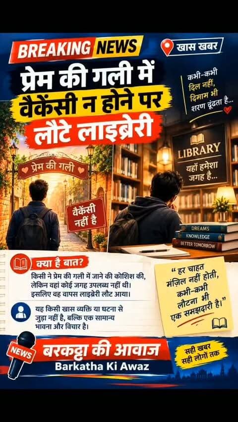 प्रेम की गली में वैकेंसी न होने पर लौटे लाइब्रेरी
यह एक भावनात्मक अभिव्यक्ति है जिसमें बताया गया है कि प्रेम की गली में जाने का प्रयास किया गया, लेकिन वहां कोई जगह उपलब्ध नहीं थी। इसलिए व्यक्ति वापस लाइब्रेरी लौट आया।
यह वक्तव्य किसी विशिष्ट व्यक्ति या घटना से संबंधित नहीं है और इसमें किसी नाम का उल्लेख नहीं है। यह एक सामान्य कविता या विचार की तरह प्रतीत होता है।