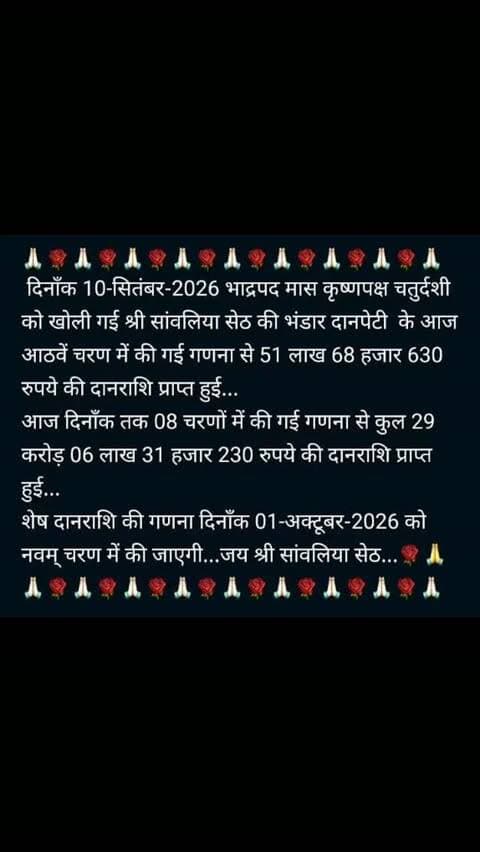 सांवलिया सेठ के भंडार में 8 चरणों में अब तक 29 करोड़ 6 लाख 31 हजार 230 रुपए की दानराशि प्राप्त 🙏🌹
अभी पिक्चर बाकी है जो 9 वे चरण में होगी