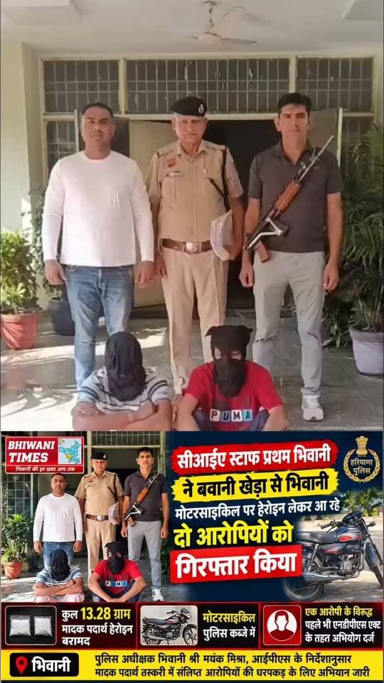 सीआईए स्टाफ प्रथम भिवानी ने बवानी खेड़ा से भिवानी मोटरसाइकिल पर हेरोइन लेकर आ रहे दो आरोपियों को किया गिरफ्तार।