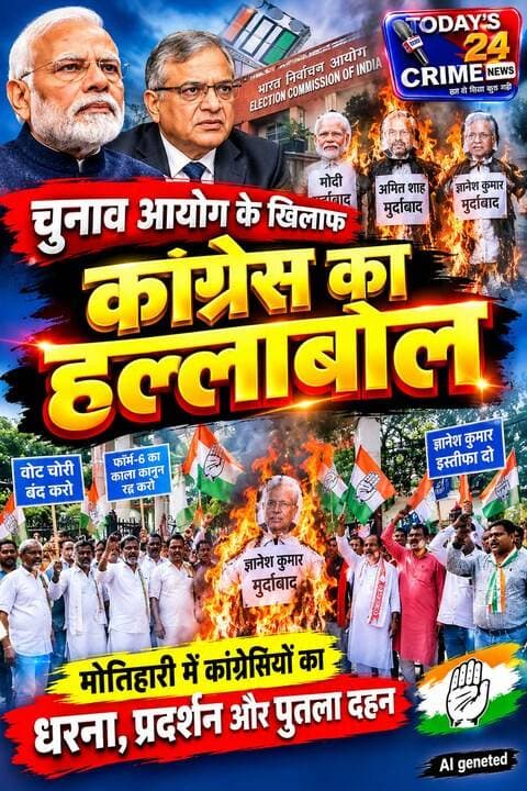 देश भर में चुनाव आयोग के खिलाफ छिड़ी जंग के बीच मोतिहारीं मे कांग्रेसियों का हल्लाबोल
जिला समाहरणालय के समक्ष कांग्रेस का एक दिवसीय धरना एवं विरोध प्रदर्शन तथा राष्ट्रपति के नाम सौंपा गया ज्ञापन।
आक्रोशित कांग्रेसियों ने मुख्य चुनाव आयुक्त ज्ञानेह कुमार ,प्रधानमंत्री नरेंद्र मोदी व कमिटी साह का समाहरणालय गेट पर किया पुतला दहन
जमकर लगाए ज्ञानेश कुमार व भाजपा विरोधी नारे
देश भर में मुख्य चुनाव आयुक्त ज्ञानेश कुमार पर छिड़ी जंग अब आक्रामक रुख अखितयार करती जा रही है और विपक्षी पार्टियां इसके खिलाफ में लगातार हमलावर हो रहे है ।इसी कड़ी में आज मुख्य चुनाव आयुक्त ज्ञानेश कुमार की मनमानी, वोट चोरी और फॉर्म-6 के काले कानून के खिलाफ अखिल भारतीय कांग्रेस कमेटी के आह्वान पर मोतिहारी, समाहरणालय के समक्ष कांग्रेस पार्टी के कार्यकर्ताओं के द्वारा एक दिवसीय धरना और बिरोध प्रदर्शन व पुतला दहन का आयोजन किया गया। इस दौरान कांग्रेसी नेताओं ने ज्ञानेश कुमार के इस्तीफे की मांग की वही गृह मंत्री अमित शाह ,प्रधानमंत्री नरेंद्र मोदी व ज्ञानेश कुमार का पुतला दहन किया गया और उनके खिलाफ जमकर आक्रोश ब्यक्त किया गया।।।।।।।।।,।।।।
#मोतिहारी
#कांग्रेसविरोधप्रदर्शन
#चुनावआयोग
#ज्ञानेशकुमार
#Today24CrimeNews