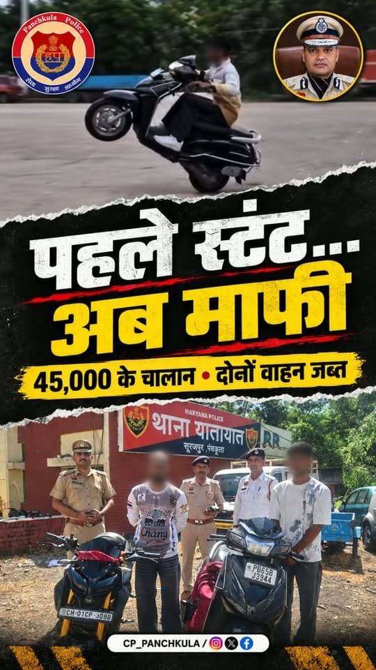 पंचकूला में हाईवे पर स्टंट करना पड़ा भारी, माफी मांगते नजर आए स्टंटबाज, पुलिस ने 45 हजार का चालान कर बाइक-स्कूटी जब्त की, अन्य स्टंटबाज भी रहेंगे रडार पर
सड़क पर अकेले आपका वाहन नहीं चलता, साथ में सफर करती हैं कई जानें: पुलिस कमिश्नर पंकज नैन की युवाओं को नसीहत- अपना हुनर खेल के मैदान में दिखाएं, सड़कों पर नहीं
पंचकूला/ 29 सितंबर: पंचकूला-शिमला हाईवे पर चंडीमंदिर टोल प्लाजा के पास बाइक और स्कूटी से खतरनाक तरीके से स्टंटबाजी करने का मामला संज्ञान में आते ही पुलिस कमिश्नर आईपीएस पंकज नैन ने सख्त कार्रवाई के निर्देश दिए। उन्होंने ऐसे स्टंटबाज वाहन चालकों पर प्रभावी नकेल कसने तथा हाईवे समेत अन्य प्रमुख सड़कों पर खतरनाक ड्राइविंग करने वालों की नियमित निगरानी के भी निर्देश दिए।
डीसीपी क्राइम एंड ट्रैफिक आईपीएस अमरिंदर सिंह ने बताया कि सूरजपुर ट्रैफिक एसएचओं अभिषेक ने वायरल वीडियो की जांच करते हुए स्टंटबाजी करने वाले बाइक व स्कूटी चालकों की पहचान की। दोनों वाहनों के खिलाफ कुल 45 हजार रुपये के चालान किए गए, जिसमें एक वाहन का 20 हजार रुपये तथा दूसरे वाहन का 25 हजार रुपये का चालान शामिल है। कार्रवाई के दौरान यह भी सामने आया कि इनमें से एक चालक नाबालिग था। पुलिस ने दोनों वाहनों को इंपाउंड भी कर लिया है।
एसीपी ट्रैफिक सुरेंद्र सिंह ने बताया कि दोनों चालकों को सूरजपुर ट्रैफिक थाना में बुलाकर स्टंटबाजी के संबंध में समझाया गया। इस दौरान दोनों चालकों ने अपनी गलती स्वीकार करते हुए माफी मांगी और अन्य युवाओं से भी सड़क पर इस तरह की स्टंटबाजी न करने की अपील की।
पुलिस कमिश्नर आईपीएस पंकज नैन ने युवाओं को सख्त नसीहत देते हुए कहा कि सड़क कोई स्टंट करने का मैदान नहीं है। सड़क पर आपकी बाइक अकेले नहीं चलती, आपके साथ दूसरे परिवारों की जिंदगी भी सफर करती है। आप केवल अपनी जान को जोखिम में नहीं डालते, बल्कि सड़क पर चल रहे दूसरे लोगों की जिंदगी को भी खतरे में डालते हैं। कुछ सेकंड का रोमांच जिंदगीभर का पछतावा बन सकता है। उन्होंने कहा कि युवाओं को अपनी ऊर्जा और हुनर का इस्तेमाल सकारात्मक कार्यों में करना चाहिए। खेल के मैदान में अपनी प्रतिभा दिखाना, किसी मुसीबत में फंसे व्यक्ति की जान बचाना या जरूरतमंद की मदद करना ही वास्तविक बहादुरी है। उन्होंने कहा कि याद रखिए, सड़क पर दूसरों की जान जोखिम में डालने वाला सिरफिरा कहलाता है, जबकि असली हीरो वह है जो जिम्मेदारी से वाहन चलाकर खुद को और दूसरों को सुरक्षित रखता है।
उन्होनें युवाओं और वाहन चालकों से अपील की है कि सड़क पर वाहन चलाते समय यातायात नियमों का पालन करें और सोशल मीडिया पर वीडियो बनाने, लाइक और व्यूज पाने या रोमांच के लिए खतरनाक स्टंट करने से पूरी तरह बचें।