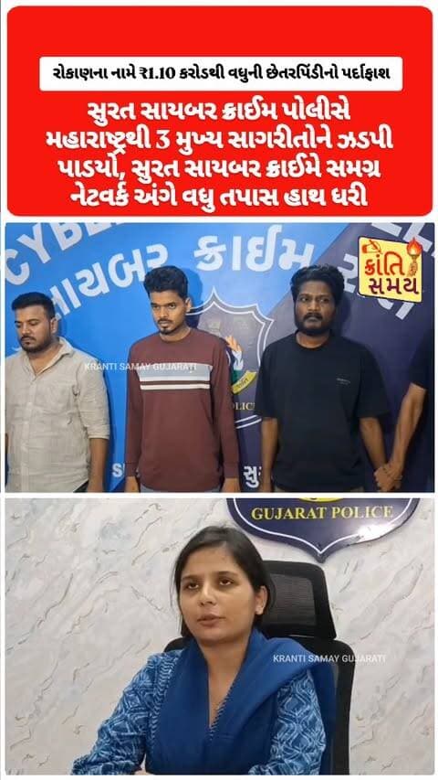 સુરત | શેરબજારમાં રોકાણના નામે ₹1.10 કરોડથી વધુની છેતરપિંડીનો પર્દાફાશ
સુરત સાયબર ક્રાઈમે મહારાષ્ટ્રથી 3 મુખ્ય સાગરીતોને ઝડપી પાડ્યા
મુંબઈ અને નવી મુંબઈમાંથી ત્રણ આરોપીઓની ધરપકડ
આરોપીઓની ઓળખ રાહુલ રજક, આશિષ સોનાર અને ભૂષણ સેંદાણે તરીકે થઈ
શેરબજારમાં ઊંચા વળતરની લાલચ આપી રોકાણકારને ટાર્ગેટ કરાયો
વિશ્વાસ કેળવવા મોબાઈલમાં ‘Axis.apk’ નામની બોગસ એપ્લિકેશન ડાઉનલોડ કરાવી
ફેક એપમાં ફરિયાદીના નામે ડીમેટ અને ટ્રેડિંગ એકાઉન્ટ ખોલાવ્યું
અલગ-અલગ બેંક ખાતામાં કુલ ₹1,10,90,000 ટ્રાન્સફર કરાવ્યા
ફેક એપ્લિકેશનમાં મોટો નફો બતાવી રોકાણકારને ભ્રમમાં રાખ્યો હોવાનો પોલીસનો દાવો
નફો અને મુદ્દલની રકમ પરત માંગતા ચાર્જ અને ટેક્સના નામે વધુ પૈસાની માંગણી
માત્ર ₹5,000 પરત આપી બાકીના ₹1,10,85,000 અટકાવ્યાનો આક્ષેપ
તપાસમાં બોગસ ફર્મ બનાવી બેંક એકાઉન્ટ ખોલાવ્યાનો ખુલાસો
કમિશન લઈને બેંક એકાઉન્ટ એક આરોપી પાસેથી બીજા આરોપીને અપાતું હોવાનો ખુલાસો
તપાસમાં આ જ બેંક �