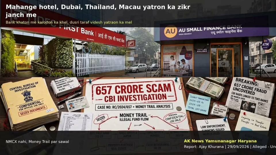 657 करोड़ के कथित au small finance Bank idfc बैंक घोटाले में 'लव स्टोरी' का ट्विस्ट!सीबीआई जांच में समाने आया एक महिला को हर महीने 10 लाख, 3.10 करोड़ के मकान का दावा
#HaryanaNews #BankScam #CBI #IDFCFirstBank #AUSmallFinanceBank #RibhavRishi #BankFraud #CBIInvestigation #BreakingNews #ScamNews #ChandigarhNews #IndiaNews #CrimeNews #MoneyTrail