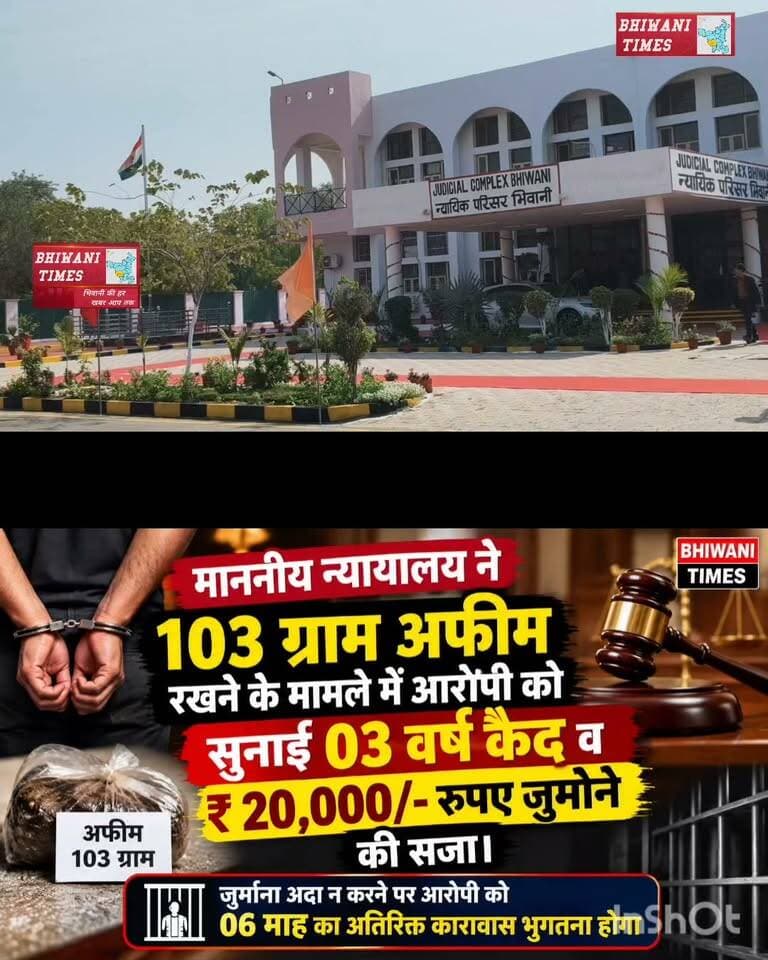 माननीय न्यायालय ने 103 ग्राम अफीम रखने के मामले में आरोपी को सुनाई 03 वर्ष कैद व ₹ 20,000/- रुपए जुर्माने की सजा।*
*जुर्माना अदा न करने पर आरोपी को 06 माह का अतिरिक्त कारावास भुगतना होगा