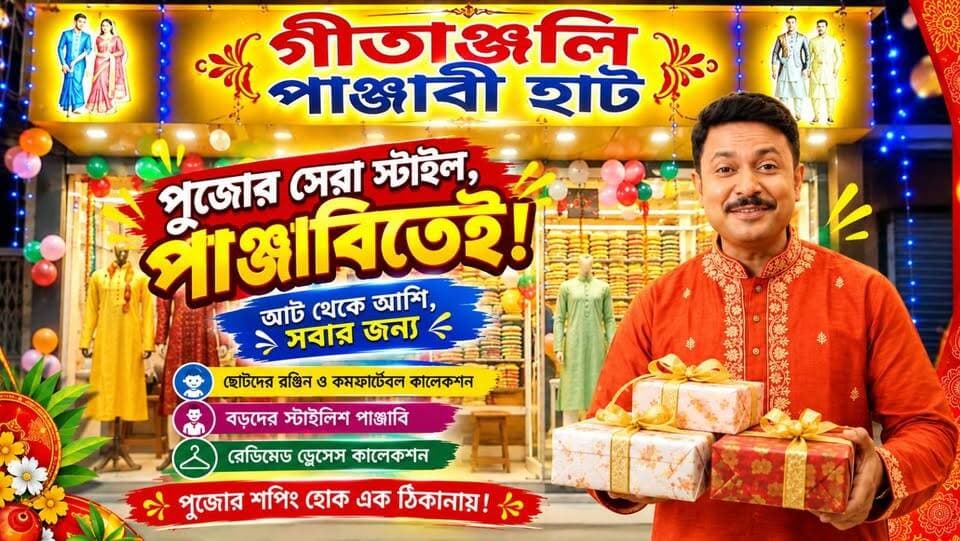 📍পুজোর সেরা স্টাইল মানেই পাঞ্জাবি! আট থেকে আশি – সবার প্রথম পছন্দ পাঞ্জাবি। আর মাথাভাঙায় পাঞ্জাবির নাম উঠলেই মনে আসে একটাই নাম – গীতাঞ্জলি পাঞ্জাবি হাট, পোস্ট অফিস মোড়।”