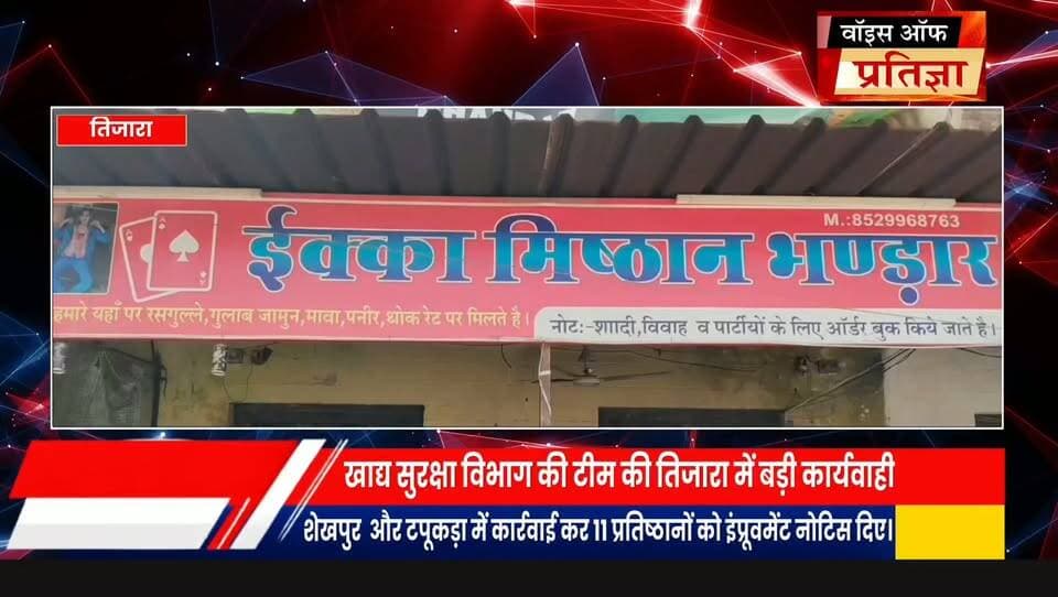 खाद्य सुरक्षा विभाग की टीम ने तिजारा, शेखपुर और टपूकड़ा में कार्रवाई कर 11 प्रतिष्ठानों को इंप्रूवमेंट नोटिस दिए।
#RajasthanNews #LatestNews #todaynews #Bhiwadi #Kotkasim #tijara #AlwarRajasthan #khairthaltijara #kotkasim #Bhiwadi #tupkda #Mundaver #tijara #kotputli #khairtha #Baansur #alwar #Kisngardbaas #jaipur
