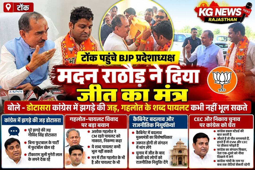 BJP की चुनावी तैयारियां तेज
प्रदेशाध्यक्ष मदन राठौड़ ने कार्यकर्ताओं के साथ बैठक कर पंचायत चुनाव को लेकर संगठन मजबूत करने और सरकारी योजनाओं के प्रचार पर जोर दिया। मीडिया से बातचीत में उन्होंने कांग्रेस की अंदरूनी कलह, गहलोत-पायलट विवाद और निकाय चुनाव के आरोपों पर भी प्रतिक्रिया दी।
<nis:link nis:type=tag nis:id=tonk nis:value=Tonk nis:enabled=true nis:link/> <nis:link nis:type=tag nis:id=bjp nis:value=BJP nis:enabled=true nis:link/> <nis:link nis:type=tag nis:id=madanrathore nis:value=MadanRathore nis:enabled=true nis:link/> <nis:link nis:type=tag nis:id=rajasthanpolitics nis:value=RajasthanPolitics nis:enabled=true nis:link/> <nis:link nis:type=tag nis:id=panchayatelection nis:value=PanchayatElection nis:enabled=true nis:link/> <nis:link nis:type=tag nis:id=kgnewsrajasthan nis:value=KGNewsRajasthan nis:enabled=true nis:link/>