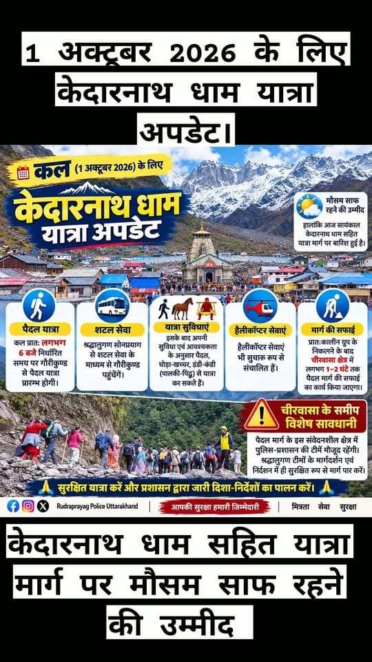 कल 1 अक्टूबर 2026 के लिए केदारनाथ धाम यात्रा अपडेट!!
केदारनाथ धाम सहित यात्रा मार्ग पर मौसम साफ रहने की उम्मीद है। हालांकि, आज सायंकाल केदारनाथ धाम सहित यात्रा मार्ग पर बारिश हुई है।
कल प्रातः लगभग 6 बजे निर्धारित समय पर गौरीकुण्ड से पैदल यात्रा प्रारम्भ होगी।
श्रद्धालुगण सोनप्रयाग से शटल सेवा के माध्यम से गौरीकुण्ड पहुंचेंगे। इसके बाद अपनी सुविधा एवं आवश्यकता के अनुसार पैदल, घोड़ा-खच्चर अथवा डंडी-कंडी (पालकी-पिट्ठू) से यात्रा कर सकते हैं।
🚁 हैलीकॉप्टर सेवाएं भी सुचारु रूप से संचालित हैं।
⚠️ चीरवासा के समीप विशेष सावधानी बरतें - पैदल मार्ग के इस संवेदनशील क्षेत्र में पुलिस-प्रशासन की टीमें मौजूद रहेंगी। श्रद्धालुगण टीमों के मार्गदर्शन एवं निर्देशन में ही सुरक्षित रूप से मार्ग पार करें।
🛠️ प्रातःकाल में जाने वाले यात्रियों के समूहों के निकलने के बाद चीरवासा क्षेत्र में लगभग 1–2 घंटे तक पैदल मार्ग की सफाई का कार्य किया जाएगा। इस दौरान श्रद्धालु पुलिस-प्रशासन की टीमों के निर्देशों का पालन करें व रोके जाने पर आवश्यक सहयोग प्रदान करें।
🙏 सुरक्षित यात्रा करें और पुलिस-प्रशासन द्वारा जारी दिशा-निर्देशों का पालन करें।