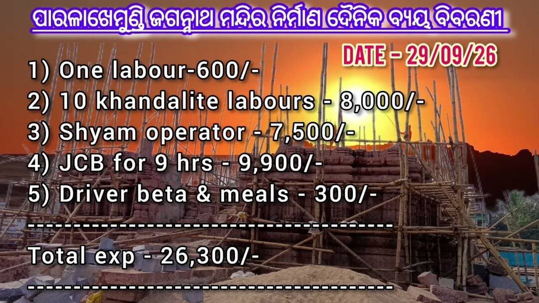 ପାରଳାଖେମୁଣ୍ଡି ଜଗନ୍ନାଥ ମନ୍ଦିର ନିର୍ମାଣ ଦୈନିକ ବ୍ୟୟ ବିବରଣୀ