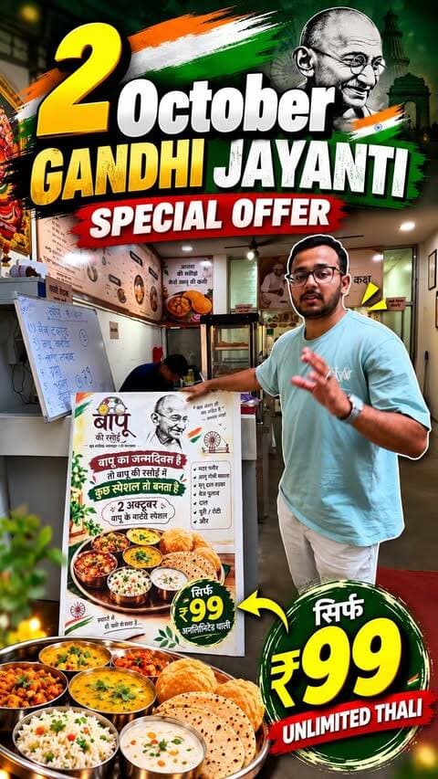 🇮🇳✨ 2 October Special at Bapu Ki Rasoi! ✨🇮🇳
इस Gandhi Jayanti पर Bapu Ki Rasoi में मिलेगा खास Unlimited Thali सिर्फ ₹99 में! 😍🍽️
🥘 स्वादिष्ट खाना
🫓 गरमा-गरम रोटी
🍛 कई तरह की सब्ज़ियाँ और दाल
❤️ और बापू के जन्मदिन का खास सेलिब्रेशन!
📅 2 October | Gandhi Jayanti
📍 Bapu Ki Rasoi link road congress committee parisar Bhopal
तो इस Gandhi Jayanti परिवार और दोस्तों के साथ जाइए और ₹99 में भरपूर स्वाद का मज़ा लीजिए! 😋🔥
#GandhiJayanti #2October #BapuKiRasoi #UnlimitedThali #99Rupees BhopalFood BhopalFoodies Bhopal BhopalEvents BhopalEventsUpdate FoodInBhopal BhopalRestaurants ThaliLovers FoodLovers GandhiJayantiSpecial BhopalUpdates 🇮🇳🍽️✨