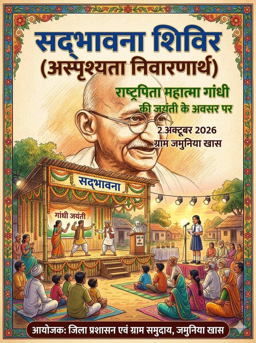2 अक्टूबर 2026 को जमुनिया खास में आयोजित होगा अस्पृश्यता निवारणार्थ सद्भावना शिविर, विभिन्न प्रतियोगिताओं के विजेताओं को किया जाएगा सम्मानित
--
राष्ट्रपिता महात्मा गांधी जी की जयंती के अवसर पर आगामी 2 अक्टूबर 2026 को ग्राम जमुनिया खास में एक विशेष अस्पृश्यता निवारणार्थ सद्भावना शिविर का आयोजन किया जा रहा है।
जिला प्रशासन के मार्गदर्शन में आयोजित होने वाले इस शिविर का मुख्य उद्देश्य समाज में सामाजिक समरसता, एकता और समानता का संदेश देना है। इस शिविर के दौरान ग्रामीणों, विशेषकर युवाओं को जागरूक करने के लिए विभिन्न रचनात्मक और शैक्षणिक गतिविधियों का आयोजन किया जाएगा। कार्यक्रम में मुख्य रूप से भाषण, निबंध लेखन और नाटक (नुक्कड़ नाटक) जैसी प्रतियोगिताएं होंगी। इन गतिविधियों के माध्यम से छुआछूत जैसी सामाजिक बुराइयों के उन्मूलन और गांधी जी के आदर्शों पर प्रकाश डाला जाएगा।
कार्यक्रम में शामिल होने वाले और प्रतियोगिताओं में उत्कृष्ट प्रदर्शन करने वाले सभी प्रतिभागियों को मुख्य अतिथियों द्वारा पुरस्कार व प्रमाण पत्र देकर सम्मानित किया जाएगा। प्रशासन ने इस शिविर में अधिक से अधिक ग्रामीणों से शामिल होने और सामाजिक समरसता के इस अभियान को सफल बनाने की अपील की है।
<nis:link nis:type=tag nis:id=2october nis:value=2october nis:enabled=true nis:link/> <nis:link nis:type=tag nis:id=mahatmagandhijayanti nis:value=MahatmaGandhiJayanti nis:enabled=true nis:link/> <nis:link nis:type=tag nis:id=jansamparkmp nis:value=jansamparkMP nis:enabled=true nis:link/> <nis:link nis:type=tag nis:id=niwari nis:value=niwari nis:enabled=true nis:link/>