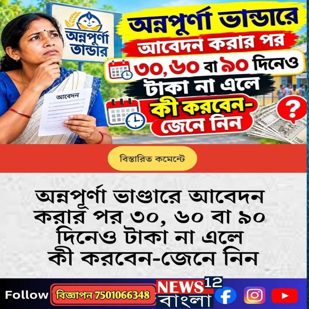 অন্নপূর্ণা যোজনায় আবেদন করার পর ৩০ থেকে ৯০ দিনের মধ্যে টাকা না এলে কি করবেন
বিস্তারিত কমেন্টে দেখুন......
