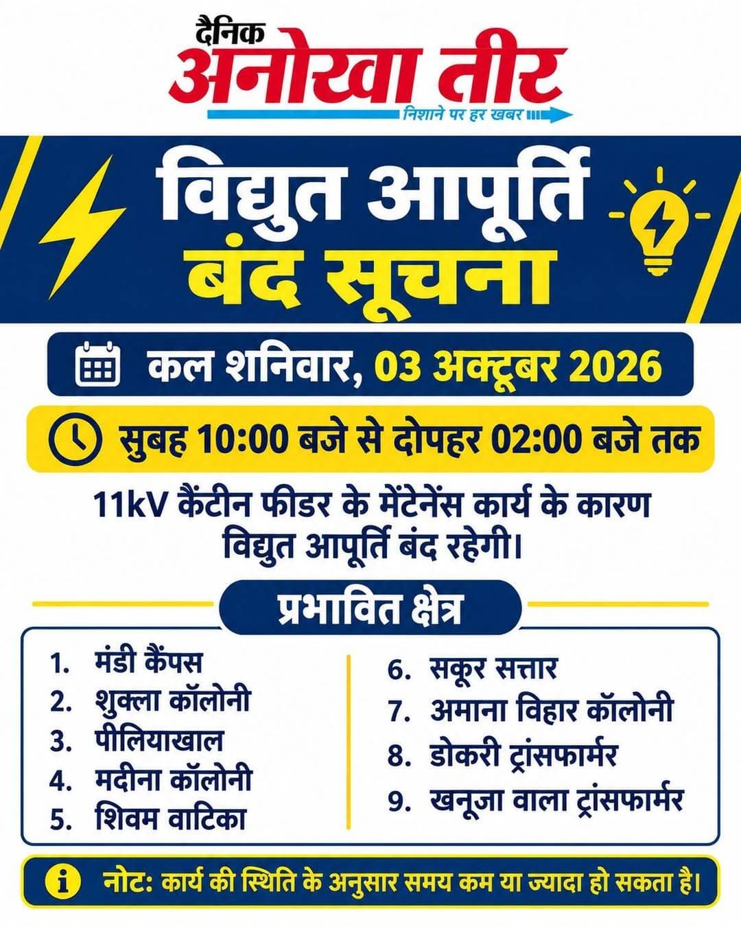 विद्युत आपूर्ति बंद सूचना
कल दिनांक 03/10/2026, दिन शनिवार को 11kV केंटीन फीडर का मेंटेनेंस कार्य किया जाना है, जिसके कारण सुबह 10:00 बजे से दोपहर 02:00 बजे तक विद्युत आपूर्ति बंद रहेगी।
प्रभावित क्षेत्र:
1. मंडी कैंपस
2. शुक्ला कॉलोनी
3. पीलियाखाल
4. मदीना कॉलोनी
5. शिवम वाटिका
6. सकूर सत्तार
7. अमाना विहार कॉलोनी
8. डोकरी ट्रांसफार्मर
9. खनूजा वाला ट्रांसफार्मर
नोट: कार्य की स्थिति अनुसार समय कम या ज्यादा हो सकता है.