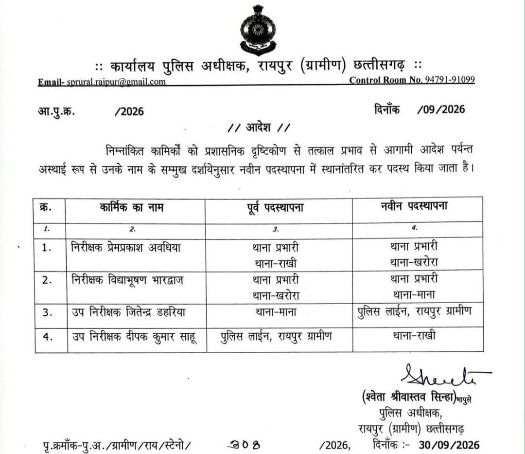 रायपुर ब्रेकिंग
रायपुर जिला ग्रामीण पुलिस में तबादले...
3 थानो के प्रभारी बदले...
प्रेमप्रकाश अवधिया राखी थाना से खरोरा...
विद्याभूषण भारद्वाज खरोरा से माना प्रभारी ...
SI दीपक कुमार साहु राखी थाने के नये प्रभारी...
SI जितेन्द्र डहरिया माना प्रभारी से लाइन अटैच...
SP रायपुर ग्रामीण ने जारी किये आदेश...
<nis:link nis:type=tag nis:id=chhattisgarh nis:value=chhattisgarh nis:enabled=true nis:link/> <nis:link nis:type=tag nis:id=chhattisgarhnews nis:value=ChhattisgarhNews nis:enabled=true nis:link/> <nis:link nis:type=tag nis:id=police nis:value=police nis:enabled=true nis:link/> <nis:link nis:type=tag nis:id=policenews nis:value=PoliceNews nis:enabled=true nis:link/> <nis:link nis:type=tag nis:id=raipur nis:value=raipur nis:enabled=true nis:link/> <nis:link nis:type=tag nis:id=raipurcity nis:value=raipurcity nis:enabled=true nis:link/> <nis:link nis:type=tag nis:id=raipurnews nis:value=raipurnews nis:enabled=true nis:link/> <nis:link nis:type=tag nis:id=तबादले nis:value=तबादले nis:enabled=true nis:link/> <nis:link nis:type=tag nis:id=raipurberking nis:value=raipurberking nis:enabled=true nis:link/>