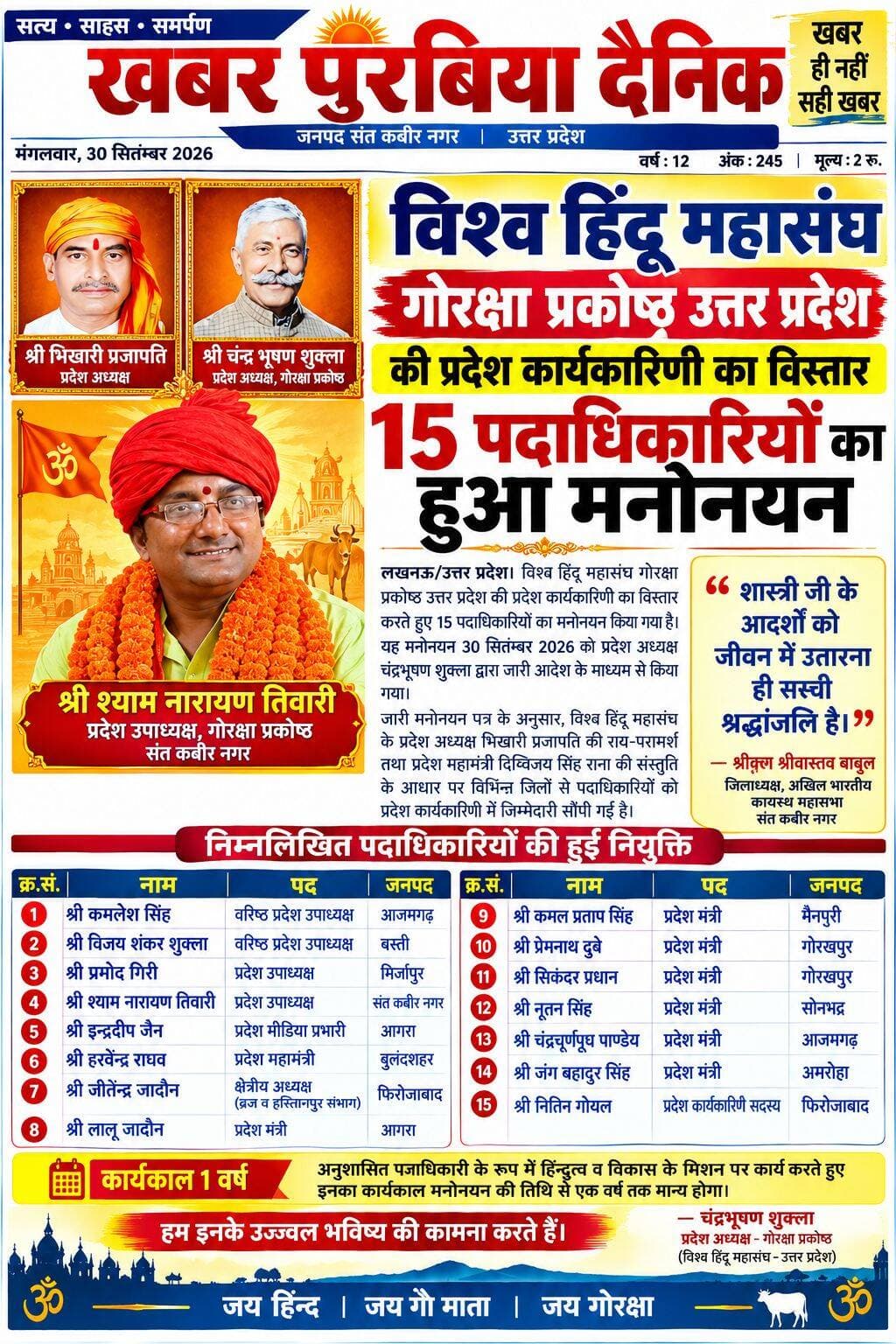 विश्व हिंदू महासंघ गोरक्षा प्रकोष्ठ की प्रदेश कार्यकारिणी का विस्तार, 15 पदाधिकारियों का मनोनयन
प्रदेश अध्यक्ष भिखारी प्रजापति की राय एवं प्रदेश महामंत्री दिग्विजय सिंह राना की संस्तुति पर हुई नियुक्तियां
संत कबीर नगर।। विश्व हिंदू महासंघ गोरक्षा प्रकोष्ठ उत्तर प्रदेश की प्रदेश कार्यकारिणी का विस्तार करते हुए 15 पदाधिकारियों का मनोनयन किया गया है। यह मनोनयन 30 सितंबर 2026 को प्रदेश अध्यक्ष चंद्रभूषण शुक्ला द्वारा जारी आदेश के माध्यम से किया गया।जारी मनोनयन पत्र के अनुसार, विश्व हिंदू महासंघ के प्रदेश अध्यक्ष भिखारी प्रजापति की राय-परामर्श तथा प्रदेश महामंत्री दिग्विजय सिंह राना की संस्तुति के आधार पर विभिन्न जिलों से पदाधिकारियों को प्रदेश कार्यकारिणी में जिम्मेदारी सौंपी गई है।
1. कमलेश सिंह — वरिष्ठ प्रदेश उपाध्यक्ष, आजमगढ़
2. विजय शंकर शुक्ला — वरिष्ठ प्रदेश उपाध्यक्ष, बस्ती
3. प्रमोद गिरी — प्रदेश उपाध्यक्ष, मिर्जापुर
4. श्याम नारायण तिवारी — प्रदेश उपाध्यक्ष, संत कबीर नगर
5. इन्द्रदीप जैन — प्रदेश मीडिया प्रभारी, आगरा
6. हरवेन्द्र राघव — प्रदेश महामंत्री, बुलंदशहर
7. जीतेन्द्र जादौन — क्षेत्रीय अध्यक्ष (ब्रज एवं हस्तिनापुर संभाग), फिरोजाबाद
8. लालू जादौन — प्रदेश मंत्री, आगरा
9. कमल प्रताप सिंह — प्रदेश मंत्री, मैनपुरी
10. प्रेमनाथ दुबे — प्रदेश मंत्री, गोरखपुर
11. सिकंदर प्रधान — प्रदेश मंत्री, गोरखपुर
12. नूतन सिंह — प्रदेश मंत्री, सोनभद्र
13. चंद्रचूर्णपुत पाण्डेय — प्रदेश मंत्री, आजमगढ़
14. जंग बहादुर सिंह — प्रदेश मंत्री, अमरोहा
15. नितिन गोयल — प्रदेश कार्यकारिणी सदस्य, फिरोजाबाद
एक वर्ष का होगा कार्यकाल
मनोनयन पत्र में कहा गया है कि सभी नवनियुक्त पदाधिकारी संगठन के अनुशासित पदाधिकारी के रूप में अपने दायित्वों का निर्वहन करते हुए संगठन के मिशन के लिए कार्य करेंगे। उनका कार्यकाल मनोनयन की तिथि से एक वर्ष तक मान्य रहेगा।प्रदेश अध्यक्ष चंद्रभूषण शुक्ला ने सभी नवनियुक्त पदाधिकारियों को शुभकामनाएं देते हुए उनके उज्ज्वल भविष्य की कामना की है। वहीं, नए दायित्व मिलने से संबंधित पदाधिकारियों में उत्साह का माहौल है।संत कबीर नगर से श्याम नारायण तिवारी को प्रदेश उपाध्यक्ष की जिम्मेदारी मिलने को जिले के संगठनात्मक विस्तार की दृष्टि से महत्वपूर्ण नियुक्ति के रूप में देखा जा रहा है।