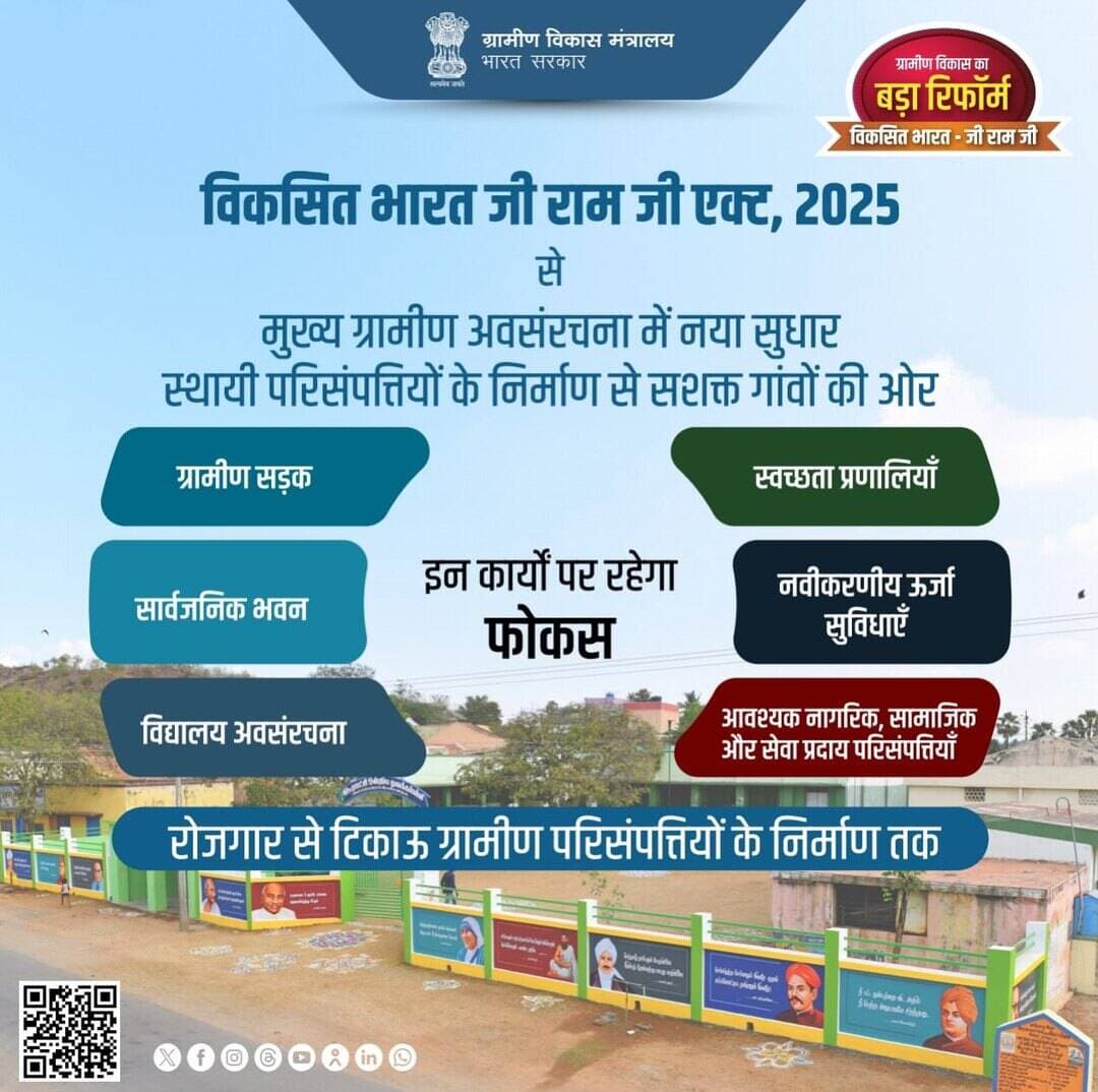 स्थायी परिसंपत्तियों के निर्माण से सशक्त गांवों की ओर
ग्रामीण विकास मंत्रालय, भारत सरकार ‘विकसित भारत जी राम जी एक्ट, 2025’ के तहत मुख्य ग्रामीण अवसंरचना में ऐतिहासिक बदलाव ला रहा है। हम रोजगार के साथ-साथ टिकाऊ ग्रामीण परिसंपत्तियों का निर्माण सुनिश्चित कर रहे हैं।
इस पहल के अंतर्गत ग्रामीण सड़कों, स्वच्छता प्रणालियों, सार्वजनिक भवनों, नवीकरणीय ऊर्जा सुविधाओं, विद्यालय अवसंरचना और आवश्यक नागरिक, सामाजिक व सेवा प्रदाय परिसंपत्तियों के विकास पर विशेष ध्यान दिया जा रहा है।
<nis:link nis:type=tag nis:id=specialgramsabha nis:value=SpecialGramSabha nis:enabled=true nis:link/> <nis:link nis:type=tag nis:id=विकसितभारत nis:value=विकसितभारत nis:enabled=true nis:link/> <nis:link nis:type=tag nis:id=जीरामजीएक्ट2025 nis:value=जीरामजीएक्ट2025 nis:enabled=true nis:link/> <nis:link nis:type=tag nis:id=ग्रामीणविकास nis:value=ग्रामीणविकास nis:enabled=true nis:link/> <nis:link nis:type=tag nis:id=सशक्तगांव nis:value=सशक्तगांव nis:enabled=true nis:link/> ग्रामीणविकासमंत्रालय