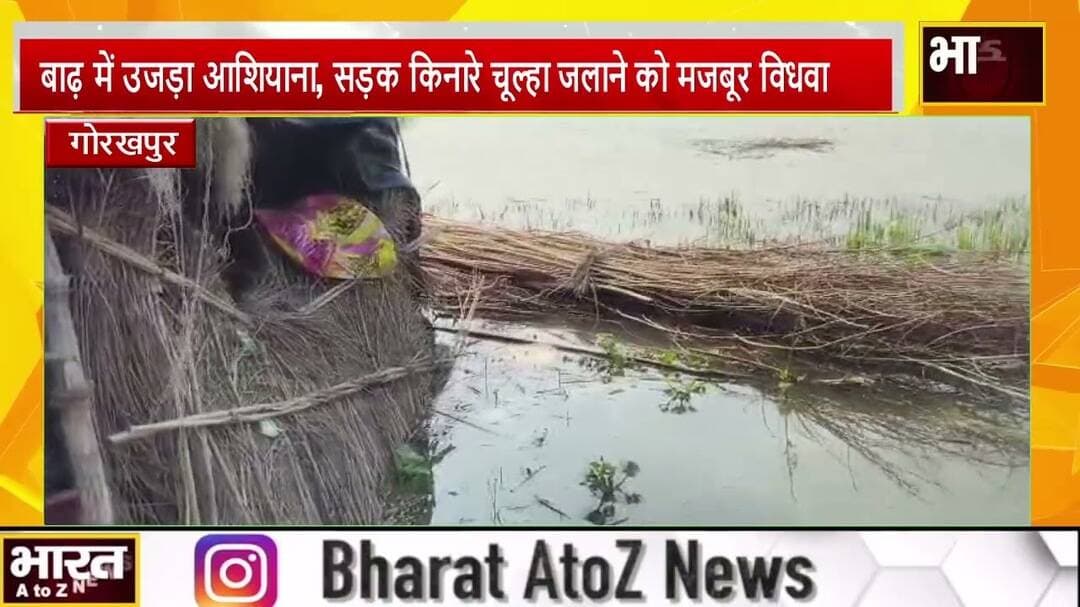 #गोरखपुर -बाढ़ में उजड़ा आशियाना, सड़क किनारे चूल्हा जलाने को मजबूर विधवा