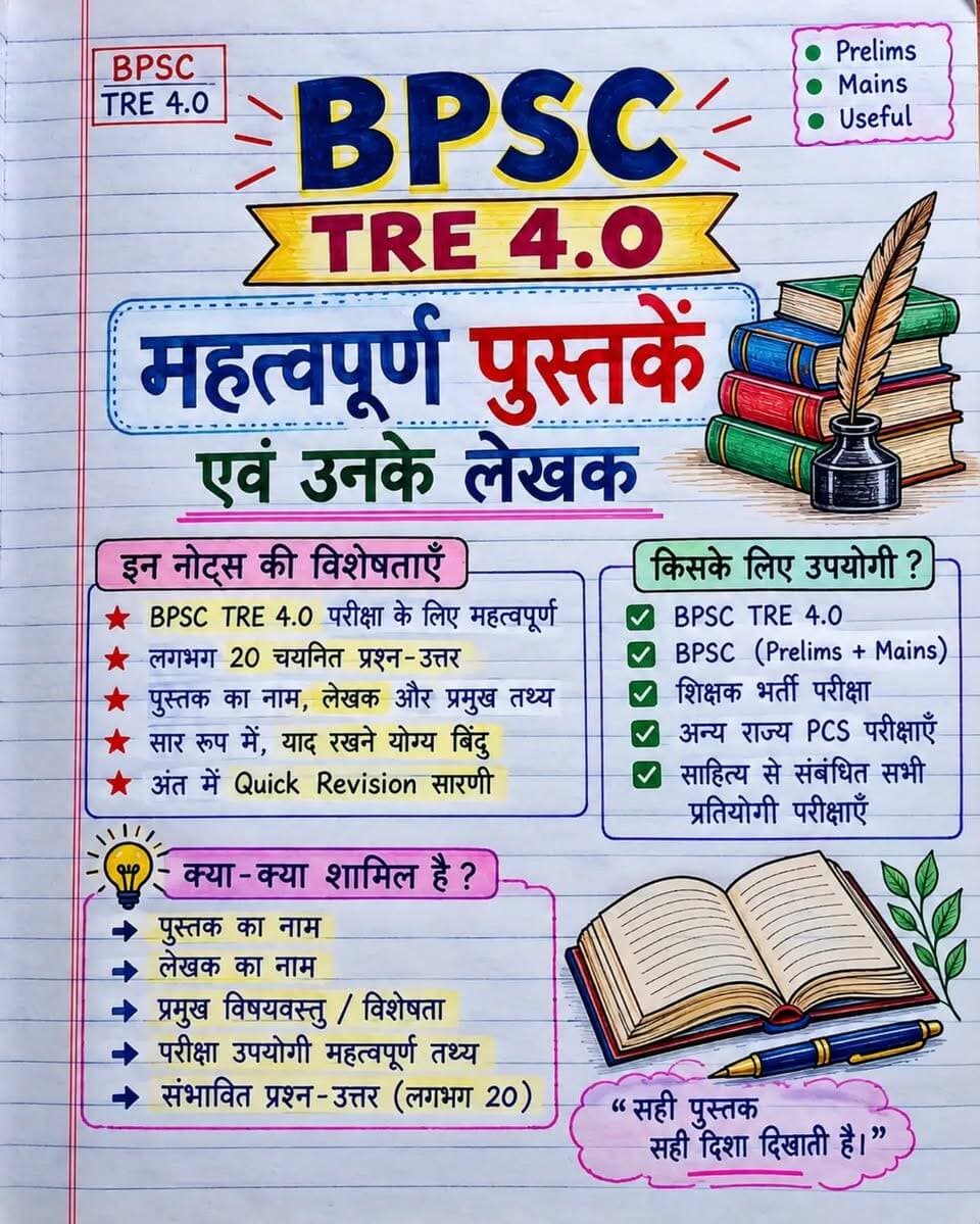 📚🔥 BPSC TRE 4.0 की तैयारी करने वालों के लिए MUST REMEMBER!
📖 महत्वपूर्ण पुस्तकें + उनके लेखक
🎯 40+ Exam-Oriented Questions
🧠 हर प्रश्न के साथ जरूरी तथ्य
⚡ Last-Minute Revision के लिए बेहद उपयोगी
अगर BPSC में साहित्य से सवाल आया तो ये नाम नहीं भूलने चाहिए! 💯
📌 पोस्ट को SAVE कर लो
👥 अपने BPSC वाले दोस्तों के साथ SHARE करो
❤️ ऐसे ही Exam-Oriented Notes के लिए FOLLOW जरूर करें।
👇 बताओ — इनमें से कितनी पुस्तकें और उनके लेखक आपको पहले से याद थे? 😏🧠
#BPSC #BPSCTRE40 #BPSCTRE #BPSCPreparation #BPSCNotes BPSCExam BiharTeacher BiharTeacherExam BPSCStudy BPSCPrelims BPSCTeacher CompetitiveExams GK HindiLiterature BookAndAuthor ExamPreparation StudyNotes BiharExam