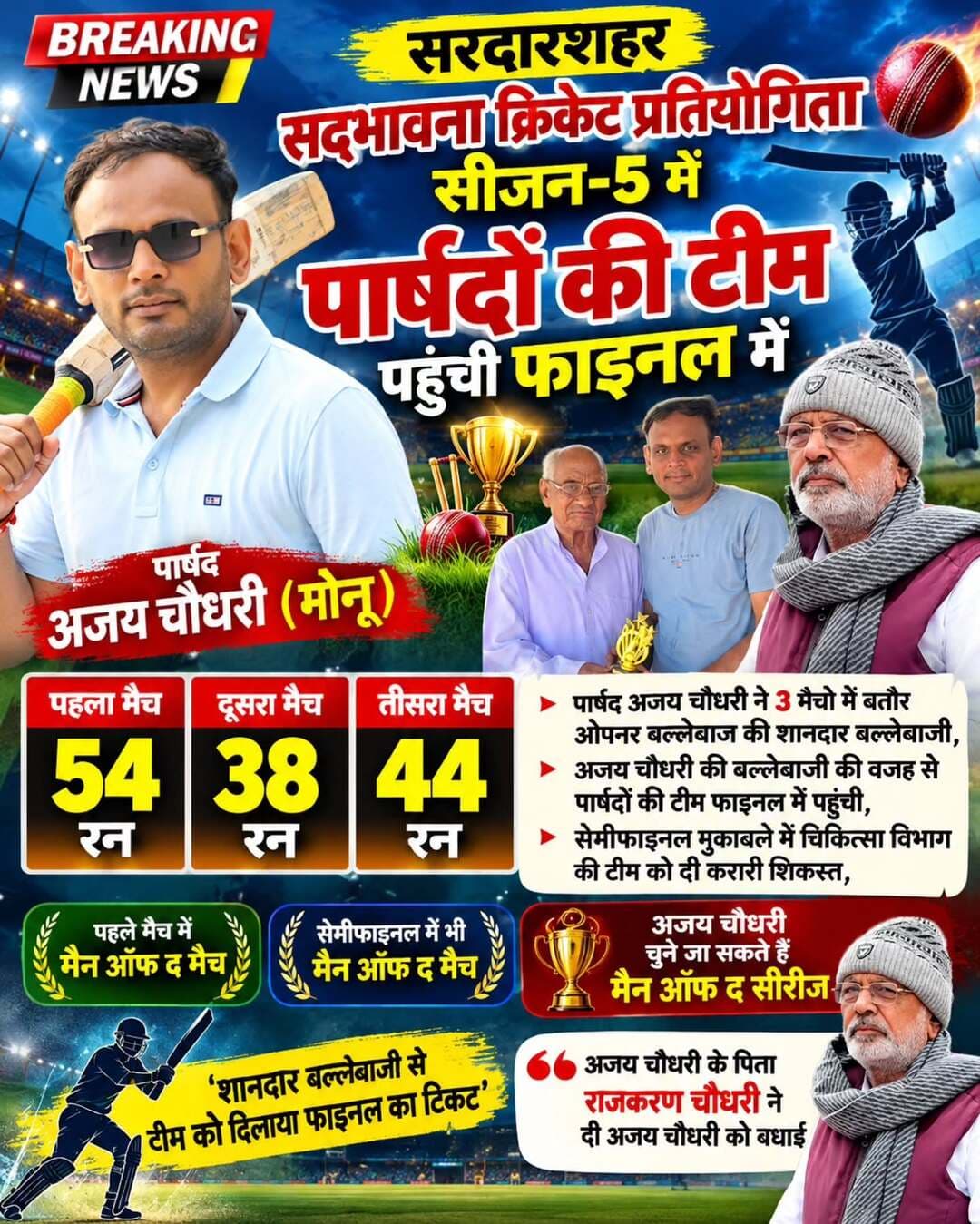 पार्षद अजय चौधरी की लगातार शानदार बल्लेबाजी से फाइनल में पहुंची पार्षदों की टीम