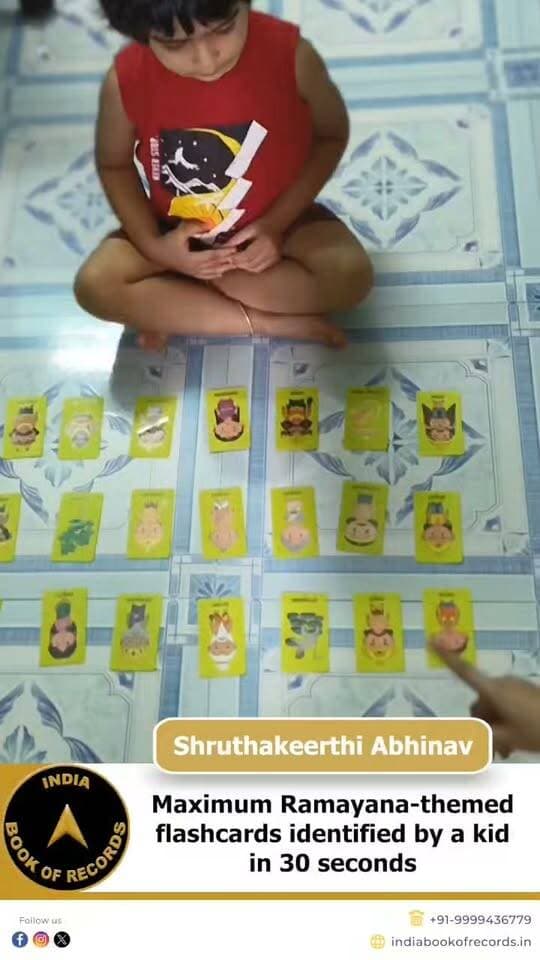3-Year-Old Identifies 30 Ramayana Flashcards in 30 Seconds | India Book of Records
At just 3 years old, Shruthakeerthi Abhinav from Chennai, Tamil Nadu, identified 30
Ramayana-themed flashcards in only 30 seconds. Her impressive memory and quick
recognition earned her a place in the India Book of Records.
#indiabookofrecords #ramayana #memoryrecord #youngachiever #ibr