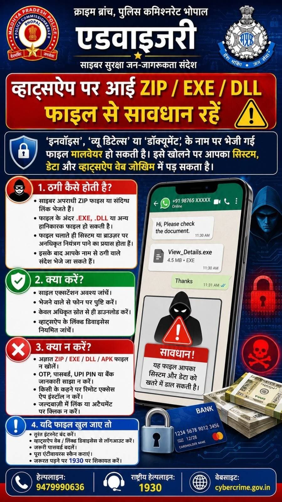 *एडवायजरी, पुलिस कमिश्नरेट भोपाल, साइबर सुरक्षा जन-जागरूकता संदेश*
*व्हाट्सएप पर आई ZIP / EXE / DLL फाइल से सावधान रहें*
'इनवॉइस', 'व्यू डिटेल्स' या 'डॉक्यूमेंट' के नाम पर भेजी गई फाइल मालवेयर हो सकती है। इसे खोलने पर आपका सिस्टम, डेटा और व्हाट्सएप वेब जोखिम में पड़ सकता है।
*1. ठगी कैसे होती है?*
- साइबर अपराधी ZIP फाइल या संदिग्ध लिंक भेजते हैं।
- फाइल के अंदर.EXE,.DLL या अन्य हानिकारक फाइल हो सकती है।
- फाइल चलाते ही सिस्टम या ब्राउज़र पर अनधिकृत नियंत्रण पाने का प्रयास होता है।
- इसके बाद आपके नाम से ठगी वाले संदेश भेजे जा सकते हैं।
*2. क्या करें?*
- फाइल एक्सटेंशन अवश्य जांचें।
- भेजने वाले से फोन पर पुष्टि करें।
- केवल अधिकृत स्रोत से ही डाउनलोड करें।
- व्हाट्सएप के लिंक्ड डिवाइसेस नियमित जांचें।
*3. क्या न करें?*
- अज्ञात ZIP / EXE / DLL / APK फाइल न खोलें।
- OTP, पासवर्ड, UPI PIN या बैंक जानकारी साझा न करें।
- किसी के कहने पर रिमोट एक्सेस ऐप इंस्टॉल न करें।
- जल्दबाजी में लिंक या अटैचमेंट पर क्लिक न करें।
*4. यदि फाइल खुल जाए तो*
- तुरंत इंटरनेट बंद करें।
- व्हाट्सएप वेब / लिंक्ड डिवाइसेस से लॉगआ