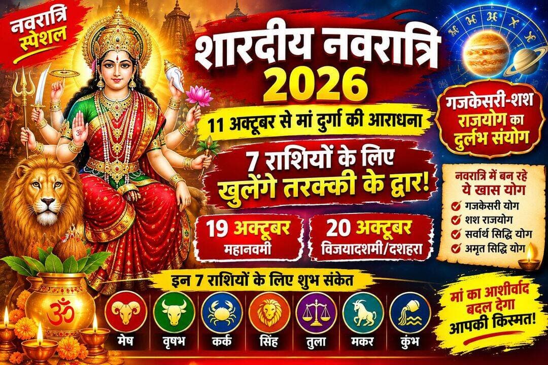 शारदीय नवरात्रि 2026: 11 अक्टूबर से मां दुर्गा की आराधना, गजकेसरी-शश राजयोग से बन रहा दुर्लभ संयोग; 7 राशियों के लिए शुभ संकेत!
घटस्थापना से शुरू होगा नौ दिवसीय शक्ति पर्व, 19 अक्टूबर को अष्टमी-नवमी और 20 अक्टूबर को विजयादशमी; ज्योतिषीय गणना में करियर, धन और मान-सम्मान के लिए खास मानी जा रही नवरात्रि
नई दिल्ली/लखनऊ। शक्ति की आराधना का महापर्व शारदीय नवरात्रि 2026 इस बार धार्मिक आस्था के साथ-साथ ज्योतिषीय दृष्टि से भी विशेष माना जा रहा है। पंचांग के अनुसार नवरात्रि का शुभारंभ रविवार, 11 अक्टूबर 2026 से होगा और नौ दिनों तक मां दुर्गा के नौ स्वरूपों की पूजा-अर्चना की जाएगी। 19 अक्टूबर को महानवमी तथा 20 अक्टूबर को विजयादशमी यानी दशहरा मनाया जाएगा। आश्विन शुक्ल पक्ष की प्रतिपदा तिथि 10 अक्टूबर की रात करीब 9:19 बजे शुरू होकर 11 अक्टूबर की रात करीब 9:30 बजे तक रहेगी। उदया तिथि के आधार पर 11 अक्टूबर को नवरात्रि का पहला दिन माना गया है। �
Drikpanchang +1
🔱 घटस्थापना से होगी शक्ति उपासना की शुरुआत
नवरात्रि के पहले दिन घरों और मंदिरों में कलश स्थापना यानी घटस्थापना की जाती है। उपलब्ध पंचांग गणना के अनुसार 11 अक्टूबर को सुबह का घटस्थापना मुहूर्त लगभग 6:19 बजे से 10:12 बजे तक बताया गया है। अभिजीत मुहूर्त भी अलग-अलग स्थानों के पंचांग में दिया गया है। चूंकि मुहूर्त स्थान के सूर्योदय आदि के आधार पर बदल सकता है, इसलिए स्थानीय पंचांग के अनुसार समय का मिलान करना उचित रहेग
कलश स्थापना के साथ मां दुर्गा के नौ स्वरूपों की पूजा का क्रम शुरू होगा—मां शैलपुत्री, ब्रह्मचारिणी, चंद्रघंटा, कूष्मांडा, स्कंदमाता, कात्यायनी, कालरात्रि, महागौरी और सिद्धिदात्री।
✨ इस बार नवरात्रि में बन रहे कई शुभ योग
ज्योतिषीय गणनाओं को लेकर इस बार नवरात्रि की शुरुआत को खास बताया जा रहा है। कुछ ज्योतिषीय रिपोर्टों के अनुसार 11 अक्टूबर को हस्त नक्षत्र और शुक्ल योग के साथ गजकेसरी योग का संयोग बन रहा है। वहीं शनि की स्थिति को शश राजयोग से जोड़ा जा रहा है। ज्योतिषीय मान्यताओं में गजकेसरी योग को ज्ञान, प्रतिष्ठा, निर्णय क्षमता और समृद्धि से तथा शश राजयोग को अनुशासन, स्थिरता, जिम्मेदारी और पद-प्रतिष्ठा से जोड़ा जाता है। �
TV9 भारतवर्ष +1
इसके अलावा नवरात्रि के दौरान सर्वार्थ सिद्धि योग और अमृत सिद्धि योग जैसे शुभ योगों की भी चर्चा है। ज्योतिषीय मान्यता में सर्वार्थ सिद्धि योग को शुभ कार्यों की शुरुआत के लिए अनुकूल और अमृत सिद्धि योग को महत्वपूर्ण कार्यों में सफलता से जोड़कर देखा जाता है। �
TV9 भारतवर्ष
🐘 हाथी पर मां दुर्गा के आगमन की मान्यता
2026 की शारदीय नवरात्रि को लेकर एक और धार्मिक मान्यता चर्चा में है। कुछ पंचांग एवं ज्योतिषीय स्रोतों के अनुसार इस वर्ष मां दुर्गा का आगमन हाथी पर माना जा रहा है। परंपरा में हाथी को सुख, समृद्धि, शांति और अच्छी वर्षा का प्रतीक माना जाता है। यह धार्मिक-ज्योतिषीय मान्यता है, वैज्ञानिक भविष्यवाणी नहीं।
💰 इन 7 राशियों के लिए नवरात्रि हो सकती है खास
ज्योतिषीय मान्यताओं और प्रकाशित राशिफल विश्लेषणों के अनुसार मेष, वृषभ, कर्क, सिंह, तुला, मकर और कुंभ राशि के जातकों के लिए यह नवरात्रि अपेक्षाकृत शुभ संकेत लेकर आने वाली बताई जा रही है। हालांकि वास्तविक फल व्यक्ति की जन्मकुंडली, दशा और ग्रहों की स्थिति पर निर्भर माना जाता है।
♈ मेष राशि
मेष राशि के जातकों के लिए कार्यक्षेत्र में नई जिम्मेदारी या प्रगति के अवसर बनने की ज्योतिषीय संभावना बताई गई है। आत्मविश्वास बढ़ सकता है और लंबे समय से रुके कार्यों को गति मिलने के संकेत माने जा रहे हैं।
♉ वृषभ राशि
धन से जुड़े मामलों में राहत और पुराने अटके काम आगे बढ़ने की संभावना बताई जा रही है। कारोबार करने वालों को नए अवसर मिल सकते हैं। पारिवारिक और दांपत्य जीवन में भी सकारात्मक वातावरण बनने की मान्यता है।
♋ कर्क राशि
कर्क राशि को इस ज्योतिषीय संयोग से विशेष लाभ वाली राशियों में शामिल किया गया है। मान-सम्मान बढ़ने, आर्थिक स्थिति मजबूत होने और निजी जीवन में महत्वपूर्ण बदलाव के संकेत बताए जा रहे हैं।
♌ सिंह राशि
सिंह राशि वालों के लिए करियर और कारोबार में आगे बढ़ने के अवसर बन सकते हैं। नेतृत्व क्षमता का बेहतर इस्तेमाल करने का समय माना जा रहा है। नई जिम्मेदारी या काम में पहचान मिलने की संभावना जताई गई है।
♎ तुला राशि
नौकरीपेशा लोगों के लिए वरिष्ठ अधिकारियों से प्रशंसा और कार्यक्षेत्र में बेहतर स्थिति बनने के संकेत बताए जा रहे हैं। कारोबार में भी नई संभावनाएं सामने आ सकती हैं। रिश्तों में सकारात्मक बदलाव की उम्मीद जताई गई है।
♑ मकर राशि
मकर राशि के जातकों के लिए जमीन-मकान अथवा संपत्ति से जुड़े मामलों में आगे बढ़ने के अवसर मिलने की ज्योतिषीय संभावना बताई गई है। परिवार का सहयोग मिलने और आर्थिक योजनाओं में मजबूती आने के संकेत हैं।
♒ कुंभ राशि
कुंभ राशि वालों के लिए करियर में नई दिशा और नई जिम्मेदारियों के अवसर बन सकते हैं। मेहनत और अनुशासन से लाभ मिलने की मान्यता है। आर्थिक मामलों में योजनाबद्ध तरीके से आगे बढ़ना बेहतर रहेगा।
🌺 नवरात्रि में क्या करें?
नवरात्रि केवल भविष्यफल देखने का पर्व नहीं, बल्कि आत्मसंयम, साधना और सकारात्मक ऊर्जा का समय भी माना जाता है। श्रद्धालु अपनी क्षमता के अनुसार व्रत, दुर्गा सप्तशती/देवी पाठ, मंत्र-जप, आरती और कन्या पूजन करते हैं। घर में स्वच्छता बनाए रखना, सात्विक भोजन करना, जरूरतमंदों की सहायता करना और क्रोध-अहंकार से बचना भी इस पर्व की भावना के अनुरूप है।
“ॐ दुं दुर्गायै नमः” का श्रद्धापूर्वक जाप भी देवी उपासना में प्रचलित है।
🗓️ नवरात्रि 2026 की प्रमुख तारीखें
तारीख
प्रमुख पर्व
11 अक्टूबर
घटस्थापना, मां शैलपुत्री
12 अक्टूबर
मां ब्रह्मचारिणी
13 अक्टूबर
मां चंद्रघंटा
14 अक्टूबर
मां कूष्मांडा
15 अक्टूबर
मां स्कंदमाता
16 अक्टूबर
मां कात्यायनी
17-18 अक्टूबर
सप्तमी से जुड़ी तिथि/पूजन
19 अक्टूबर
महाष्टमी/महानवमी
20 अक्टूबर
विजयादशमी/दशहरा
इन तारीखों में स्थानीय पंचांग के अनुसार पूजा-विधि और तिथि के समय में अंतर हो सकता है। आस्था के साथ विवेक भी जरूरी गजकेसरी योग, शश राजयोग अथवा राशियों पर इनके प्रभाव से संबंधित बातें वैदिक ज्योतिष और धार्मिक मान्यताओं पर आधारित हैं। इन्हें वैज्ञानिक रूप से प्रमाणित भविष्यवाणी नहीं माना जाना चाहिए। किसी व्यक्ति के लिए वास्तविक ज्योतिषीय फलादेश उसकी पूरी जन्मकुंडली देखकर ही किया जा सकता है।
इस नवरात्रि का मूल संदेश यही है—शक्ति की आराधना के साथ अपने भीतर के अहंकार, नकारात्मकता और भय पर विजय प्राप्त करें। मां दुर्गा की भक्ति के साथ सेवा, संयम और सद्कर्म को जीवन का हिस्सा बनाएं।<nis:link nis:type=tag nis:id=hashtags nis:value=Hashtags nis:enabled=true nis:link/>
<nis:link nis:type=tag nis:id=shardiyanavratri2026 nis:value=ShardiyaNavratri2026 nis:enabled=true nis:link/> <nis:link nis:type=tag nis:id=navratri2026 nis:value=Navratri2026 nis:enabled=true nis:link/> <nis:link nis:type=tag nis:id=maadurga nis:value=MaaDurga nis:enabled=true nis:link/> <nis:link nis:type=tag nis:id=durgapuja nis:value=DurgaPuja nis:enabled=true nis:link/> <nis:link nis:type=tag nis:id=gajkesariyog nis:value=GajKesariYog nis:enabled=true nis:link/> <nis:link nis:type=tag nis:id=shashrajyog nis:value=ShashRajyog nis:enabled=true nis:link/> <nis:link nis:type=tag nis:id=navratrispecial nis:value=NavratriSpecial nis:enabled=true nis:link/> <nis:link nis:type=tag nis:id=navratrirashifal nis:value=NavratriRashifal nis:enabled=true nis:link/> <nis:link nis:type=tag nis:id=rashifal2026 nis:value=Rashifal2026 nis:enabled=true nis:link/> <nis:link nis:type=tag nis:id=sanatandharma nis:value=SanatanDharma nis:enabled=true nis:link/> <nis:link nis:type=tag nis:id=jaimatadi nis:value=JaiMataDi nis:enabled=true nis:link/> <nis:link nis:type=tag nis:id=navratri nis:value=Navratri nis:enabled=true nis:link/> <nis:link nis:type=tag nis:id=dussehra2026 nis:value=Dussehra2026 nis:enabled=true nis:link/> <nis:link nis:type=tag nis:id=maadurgablessings nis:value=MaaDurgaBlessings nis:enabled=true nis:link/>