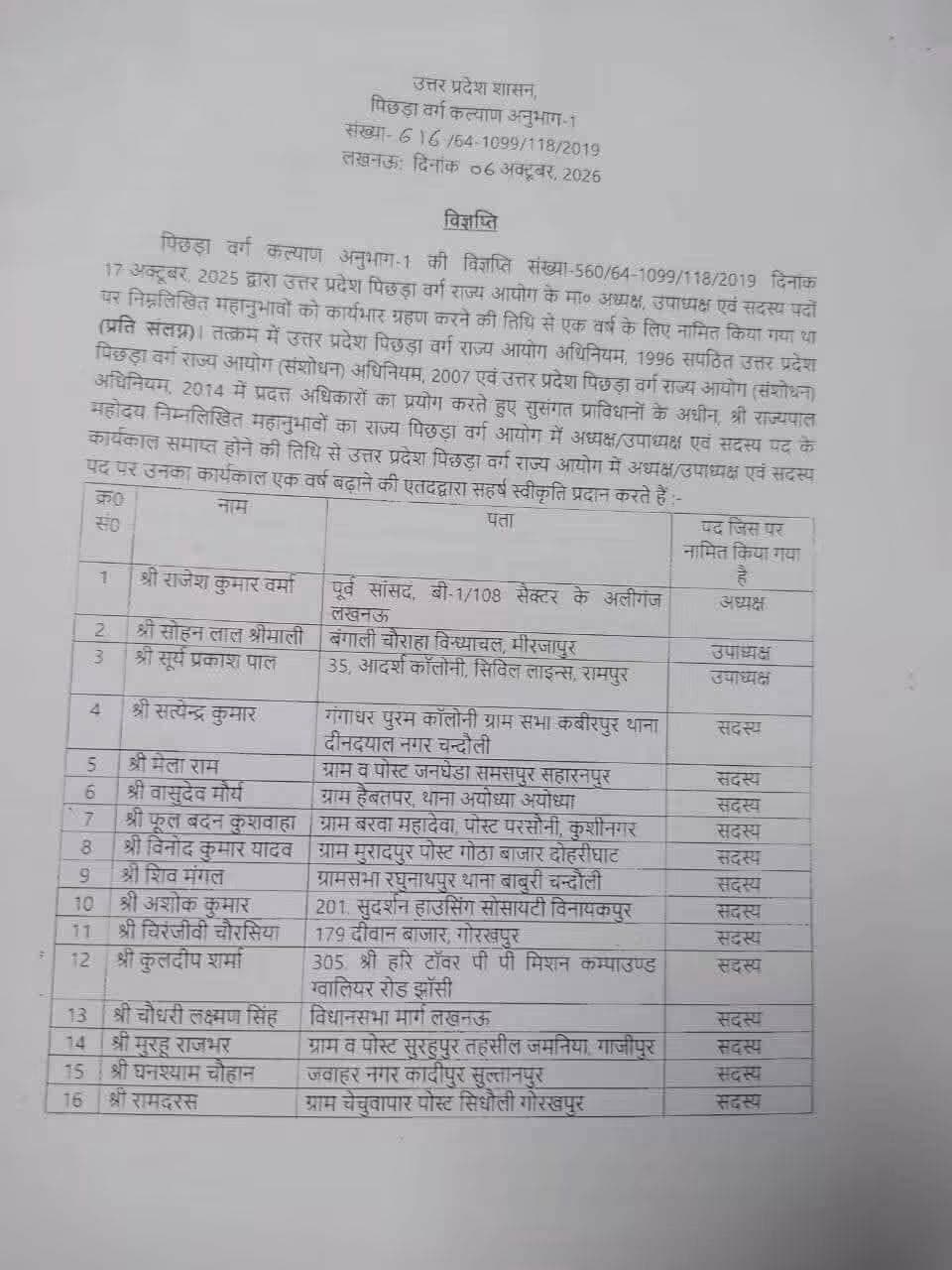 उत्तर प्रदेश-
पिछड़ा वर्ग आयोग के अध्यक्ष, उपाध्यक्ष सदस्यों का कार्यकाल बढ़ा !!