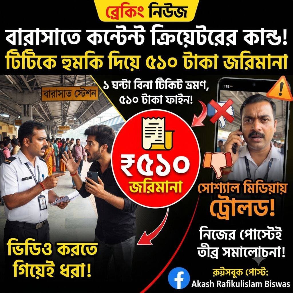 রেল স্টেশনে বিনা টিকিটে প্রবেশ করে কর্তব্যরত টিকিট পরীক্ষকের (TTE) সঙ্গে তর্কে জড়ানো এবং তাঁকে হুমকি দেওয়ার ভিডিও আপলোড করে ফেঁসে গেলেন এক সোশ্যাল মিডিয়া কন্টেন্ট ক্রিয়েটর। বারাসাত স্টেশনের ৩ নম্বর প্ল্যাটফর্মের এই ঘটনা এখন সোশ্যাল মিডিয়ায় ঝড় তুলেছে।
ঘটনার বিবরণ অনুযায়ী, বৈধ টিকিট বা প্ল্যাটফর্ম টিকিট ছাড়াই স্টেশন চত্বরে প্রবেশ করার সময় ওই ব্যক্তিকে আটকান কর্তব্যরত টিটি। নিয়ম ভাঙার প্রতিবাদ করায় টিটির ওপর চড়াও হওয়া তো দূরে থাক, উল্টে তাঁকে আঙুল উঁচিয়ে হুমকি দেন ওই যুবক। নিজেকে কন্টেন্ট ক্রিয়েটর হিসেবে পরিচয় দিয়ে পুরো ঘটনার ভিডিও নিজের ফেসবুক পেজে ("Akash Rafikulislam Biswas") আপলোড করে টিটির বিরুদ্ধে ঘুষ চাওয়ার ভুয়ো অভিযোগও তোলেন তিনি।
তবে শেষরক্ষা হয়নি! রেলের নিয়ম মেনে তাঁকে ৫১০ টাকা জরিমানা দিতেই হয়। আর ফেসবুকে ভিডিও আপলোড করতেই উল্টো চিত্র ধরা পড়ে। নেটিজেনদের তীব্র সমালোচনার মুখে পড়ে শেষ পর্যন্ত পরপর সাফাই পোস্ট দিতে বাধ্য হন ওই অভিযুক্ত।
👉 আপনার কী মত? আইন ভেঙে উল্টো টিটিকে কাঠগড়ায় দাঁড় করানো কতটা যুক্তিযুক্ত? কমেন্টে জানান!
(<nis:link nis:type=tag nis:id=hashtags) nis:value=Hashtags) nis:enabled=true nis:link/>
<nis:link nis:type=tag nis:id=barasatstation nis:value=BarasatStation nis:enabled=true nis:link/> <nis:link nis:type=tag nis:id=tte nis:value=TTE nis:enabled=true nis:link/> <nis:link nis:type=tag nis:id=indianrailways nis:value=IndianRailways nis:enabled=true nis:link/> <nis:link nis:type=tag nis:id=viralvideo nis:value=ViralVideo nis:enabled=true nis:link/> <nis:link nis:type=tag nis:id=socialmediacreator nis:value=SocialMediaCreator nis:enabled=true nis:link/> <nis:link nis:type=tag nis:id=westbengalnews nis:value=WestBengalNews nis:enabled=true nis:link/> <nis:link nis:type=tag nis:id=barasatnews nis:value=BarasatNews nis:enabled=true nis:link/> <nis:link nis:type=tag nis:id=railwayrules nis:value=RailwayRules nis:enabled=true nis:link/> <nis:link nis:type=tag nis:id=publicreaction nis:value=PublicReaction nis:enabled=true nis:link/> <nis:link nis:type=tag nis:id=trendingnow nis:value=trendingnow nis:enabled=true nis:link/>