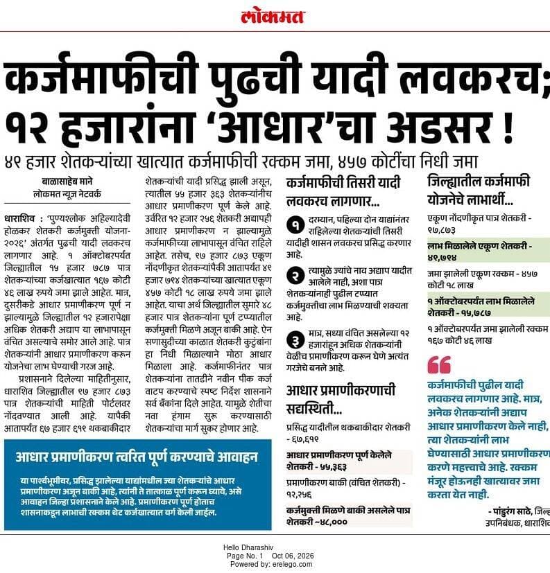 कर्जमाफीची पुढची यादी लवकरच १२ हजारांना 'आधार'चा अडसर ! ४९ हजार शेतकऱ्यांच्या खात्यात कर्जमाफीची रक्कम जमा, ४५७ कोटींचा निधी जमा...
<nis:link nis:type=tag nis:id=dharashiv nis:value=dharashiv nis:enabled=true nis:link/> <nis:link nis:type=tag nis:id=paranda nis:value=paranda nis:enabled=true nis:link/> <nis:link nis:type=tag nis:id=karjmafi nis:value=karjmafi nis:enabled=true nis:link/> <nis:link nis:type=tag nis:id=yadhi nis:value=yadhi nis:enabled=true nis:link/>