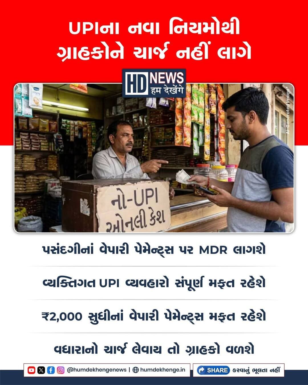 15 ઓક્ટોબરથી ₹2,000થી વધુનાં પસંદગીનાં UPI વેપારી પેમેન્ટ્સ પર 0.4% MDR લાગુ થશે. નાણાં મંત્રાલયે સ્પષ્ટ કર્યું છે કે MDR ગ્રાહક પાસેથી વસૂલવાનો ચાર્જ નથી. બેંકોને વેપારીઓ આ ચાર્જ ગ્રાહકો પર ન નાખે તે સુનિશ્ચિત કરવા સૂચના અપાઈ છે. વ્યક્તિથી વ્યક્તિના વ્યવહારો અને ₹2,000 સુધીનાં વેપારી પેમેન્ટ્સ મફત રહેશે. આપેલા સર્વે અહેવાલ મુજબ, ચાર્જ વસૂલાય તો 76% યુઝર્સ અન્ય ચુકવણી વિકલ્પો પસંદ કરશે. આ સર્વેનું તારણ શરતી છે; દરેક UPI ગ્રાહકે વધારાનો ચાર્જ ચૂકવવો પડશે એવું નથી.
<nis:link nis:type=tag nis:id=upi nis:value=UPI nis:enabled=true nis:link/> <nis:link nis:type=tag nis:id=mdr nis:value=MDR nis:enabled=true nis:link/> <nis:link nis:type=tag nis:id=digitalpayments nis:value=DigitalPayments nis:enabled=true nis:link/> <nis:link nis:type=tag nis:id=upipayments nis:value=UPIPayments nis:enabled=true nis:link/> <nis:link nis:type=tag nis:id=cashlessindia nis:value=CashlessIndia nis:enabled=true nis:link/> <nis:link nis:type=tag nis:id=humdekhengenews nis:value=HumDekhengeNews nis:enabled=true nis:link/>