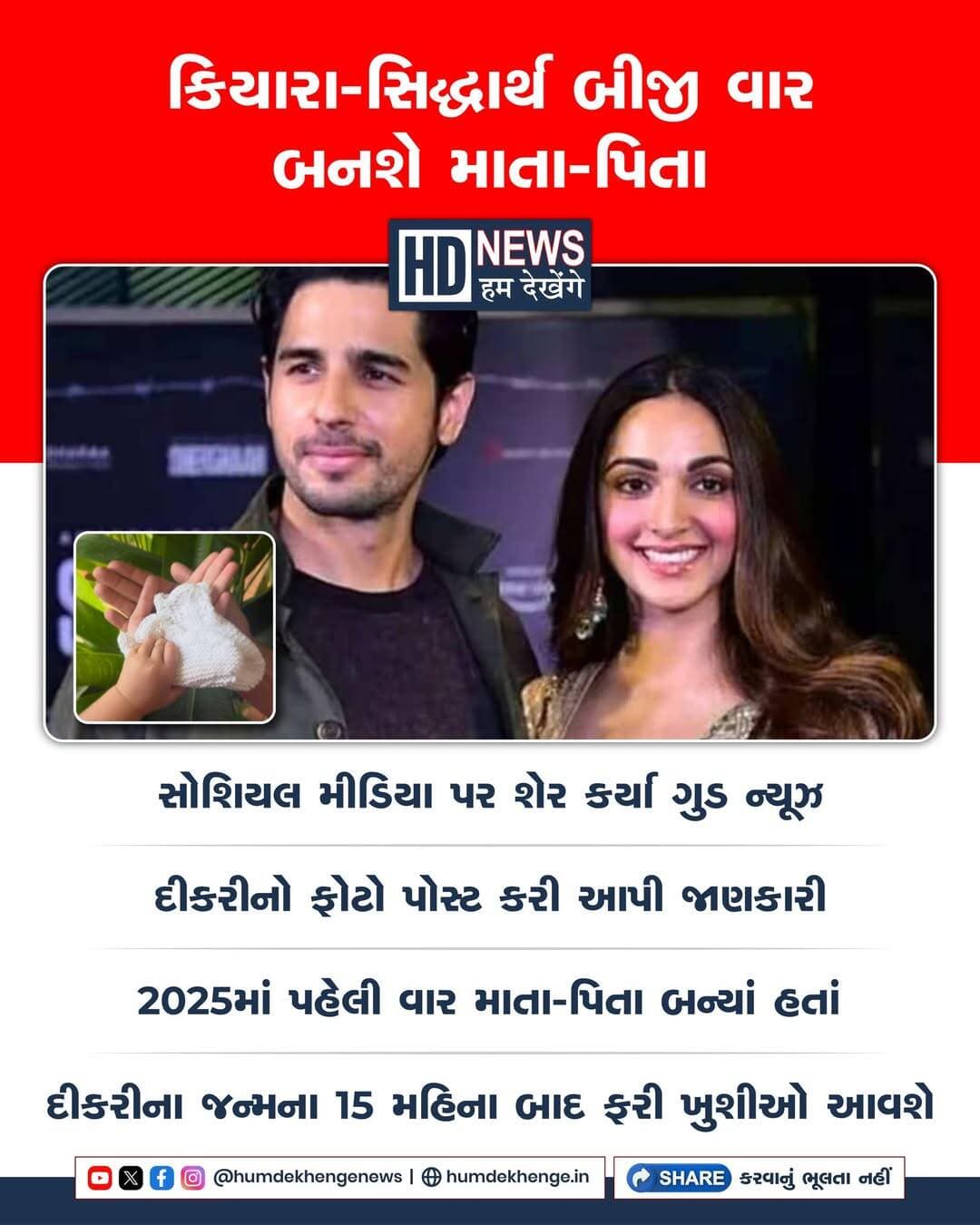 બોલિવૂડના કિયારા અડવાણી અને સિદ્ધાર્થ મલ્હોત્રાએ બીજી વાર માતા-પિતા બનવાના સમાચાર સોશિયલ મીડિયા પર શેર કર્યા છે. બંનેએ તસવીર શેર કરીને લખ્યું કે ફરી એકવાર તેમના જીવનમાં સૌથી મોટી ભેટ આવવાની છે અને તેમના હૃદય પ્રેમ તથા આભારથી ભરાઈ ગયા છે. બંનેના લગ્ન 7 ફેબ્રુઆરી 2023ના રોજ જેસલમેરના સૂર્યગઢ પેલેસમાં થયા હતા. જુલાઈ 2025માં બંને પહેલીવાર દીકરીના માતા-પિતા બન્યા હતા અને નવેમ્બર 2025માં પુત્રીનું નામ સરાયાહ મલ્હોત્રા જાહેર કર્યું હતું.
<nis:link nis:type=tag nis:id=kiaraadvani nis:value=KiaraAdvani nis:enabled=true nis:link/> <nis:link nis:type=tag nis:id=sidharthmalhotra nis:value=SidharthMalhotra nis:enabled=true nis:link/> <nis:link nis:type=tag nis:id=bollywoodnews nis:value=BollywoodNews nis:enabled=true nis:link/> <nis:link nis:type=tag nis:id=celebritycouple nis:value=CelebrityCouple nis:enabled=true nis:link/> <nis:link nis:type=tag nis:id=pregnancynews nis:value=PregnancyNews nis:enabled=true nis:link/> <nis:link nis:type=tag nis:id=humdekhengenews nis:value=HumDekhengeNews nis:enabled=true nis:link/>