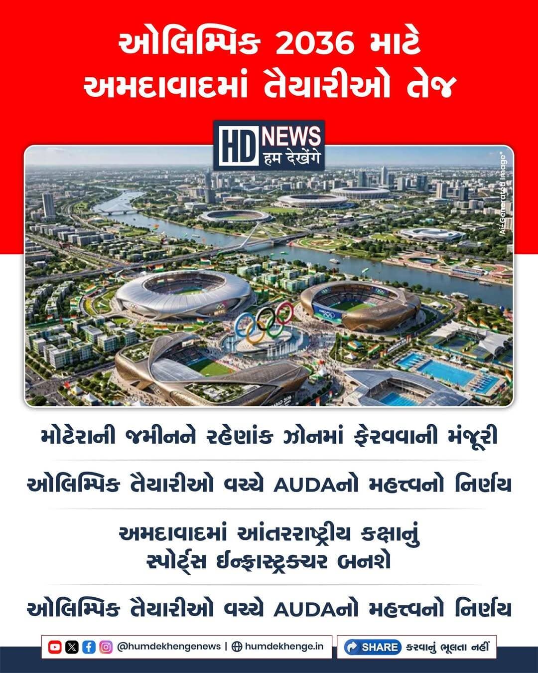 અમદાવાદમાં 2030 કોમનવેલ્થ ગેમ્સ અને 2036 ઓલિમ્પિકની તૈયારીઓને લઈને વિકાસકામોને વેગ આપવામાં આવી રહ્યો છે. AUDAની 312મી બોર્ડ બેઠકમાં મોટેરાની 20 હજાર ચોરસ મીટરથી વધુ ખેતીની જમીનને રહેણાંક ઝોન-1માં ફેરવવાની મંજૂરી આપવામાં આવી છે. આ નિર્ણયથી આંતરરાષ્ટ્રીય કક્ષાના સ્ટેડિયમ અને સ્પોર્ટ્સ ઈન્ફ્રાસ્ટ્રક્ચરના નિર્માણનો માર્ગ વધુ સરળ બનશે. સરદાર વલ્લભભાઈ પટેલ સ્પોર્ટ્સ એન્ક્લેવમાં રમતવીરો માટે આધુનિક સુવિધાઓ વિકસાવવાની કામગીરીને પણ આ નિર્ણયથી વેગ મળવાની શક્યતા છે.
<nis:link nis:type=tag nis:id=ahmedabad nis:value=Ahmedabad nis:enabled=true nis:link/> <nis:link nis:type=tag nis:id=commonwealthgames2030 nis:value=CommonwealthGames2030 nis:enabled=true nis:link/> <nis:link nis:type=tag nis:id=olympics2036 nis:value=Olympics2036 nis:enabled=true nis:link/> <nis:link nis:type=tag nis:id=auda nis:value=AUDA nis:enabled=true nis:link/> <nis:link nis:type=tag nis:id=sportsinfrastructure nis:value=SportsInfrastructure nis:enabled=true nis:link/> <nis:link nis:type=tag nis:id=humdekhengenews nis:value=HumDekhengeNews nis:enabled=true nis:link/>