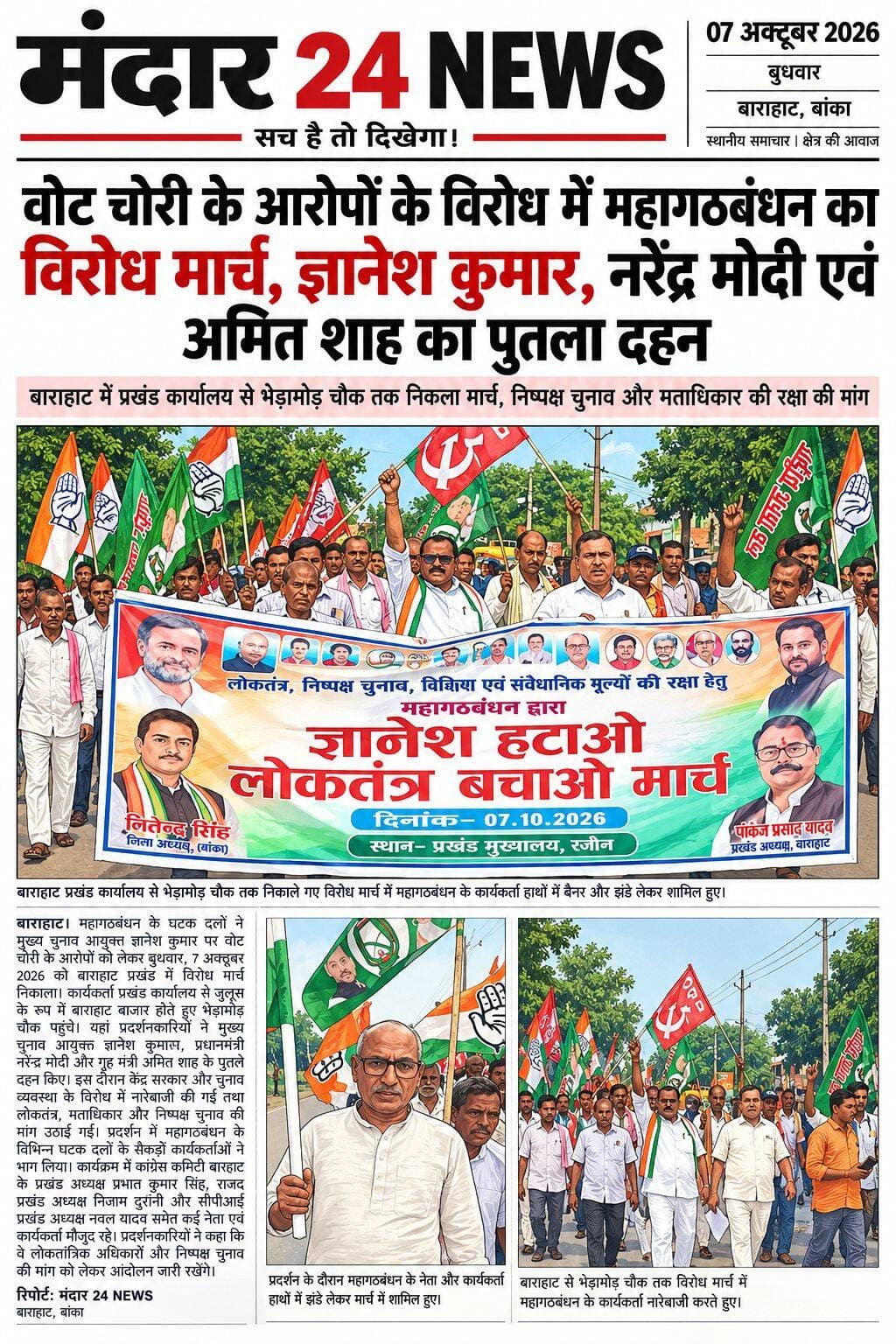 वोट चोरी के आरोपों के विरोध में महागठबंधन का विरोध मार्च, गयानेेश कुमार, नरेंद्र मोदी एवं अमित शाह का पुतला दहन