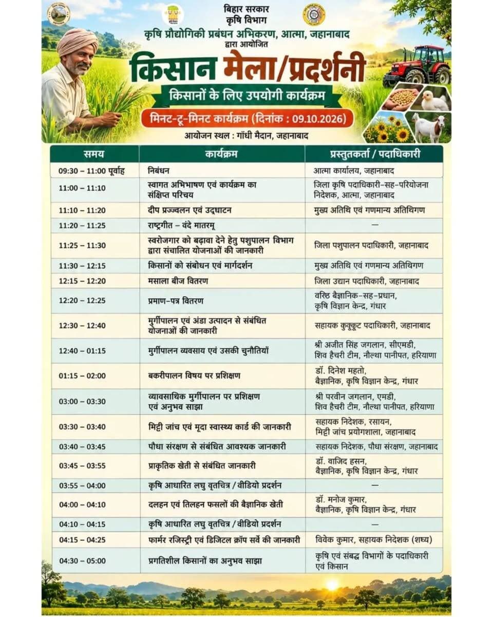 🌾 किसानों के लिए दो दिन—ज्ञान, तकनीक, प्रशिक्षण और नए अवसरों के नाम! 🚜
📍 कृषि विभाग एवं कृषि प्रौद्योगिकी प्रबन्ध अभिकरण (आत्मा), जहानाबाद द्वारा 09 एवं 10 अक्टूबर 2026 को गाँधी मैदान, जहानाबाद में दो दिवसीय जिला स्तरीय किसान मेला/प्रदर्शनी कार्यक्रम का आयोजन किया जा रहा है।
🔸 09 अक्टूबर को किसानों को पशुपालन, मुर्गीपालन एवं अंडा उत्पादन, बकरीपालन, मिट्टी जांच एवं मृदा स्वास्थ्य कार्ड, पौधा संरक्षण, प्राकृतिक खेती, दलहन एवं तिलहन फसलों की वैज्ञानिक खेती तथा फार्मर रजिस्ट्री एवं डिजिटल क्रॉप सर्वे से संबंधित जानकारी एवं प्रशिक्षण दिया जाएगा। साथ ही प्रगतिशील कृषक अपने अनुभव साझा करेंगे।
🔹 10 अक्टूबर को कृषि विभाग की योजनाओं, कृषि यांत्रिकीकरण एवं फसल अवशेष प्रबंधन, कृषि यंत्र बैंक (कस्टम हायरिंग सेन्टर), उद्यान एवं भूमि संरक्षण से संबंधित योजनाओं की जानकारी दी जाएगी। प्राकृतिक खेती एवं उद्यान के क्षेत्र में कार्य कर रहे प्रगतिशील कृषकों द्वारा अनुभव साझा करने के साथ Quiz का भी आयोजन किया जाएगा।
✅ अपील : किसान भाइयों एवं बहनों से अधिक से अधिक संख्या में भाग लेकर किसान मेला/प्रदर्शनी का लाभ उठाने की अपील है। 🌱
#किसानमेला_कृषिप्रदर्शनी #किसानकल्याण #कृषिप्रौद्योगिकी #प्राकृतिकखेती_आत्माजहानाबाद
#विकसितभारत समृद्धबिहार_आदर्शजहानाबाद