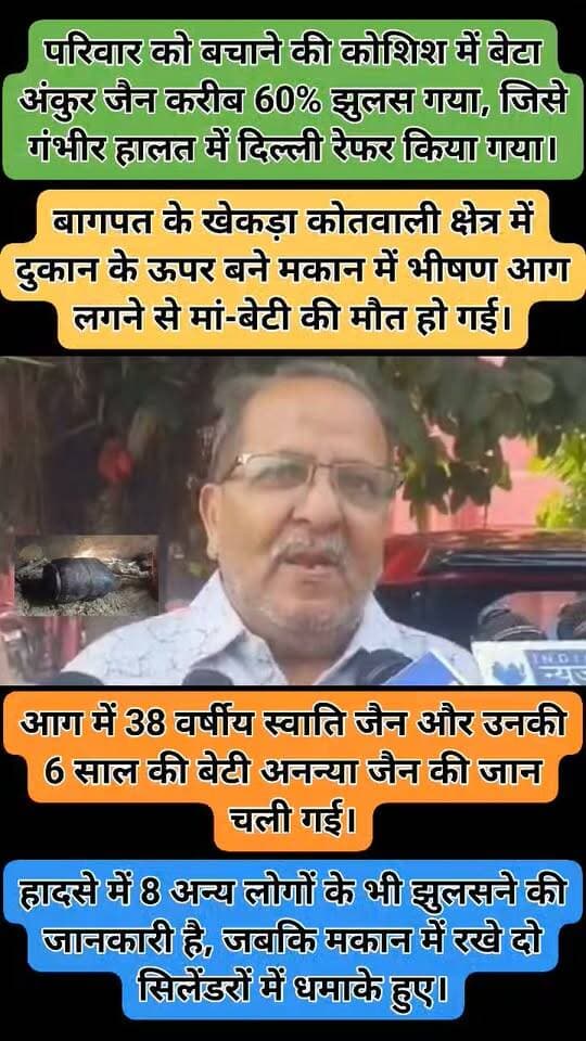 बागपत के खेकड़ा कोतवाली क्षेत्र में दुकान के ऊपर बने मकान में भीषण आग लगने से मां-बेटी की मौत हो गई।
आग में 38 वर्षीय स्वाति जैन और उनकी 6 साल की बेटी अनन्या जैन की जान चली गई।
परिवार को बचाने की कोशिश में बेटा अंकुर जैन करीब 60% झुलस गया, जिसे गंभीर हालत में दिल्ली रेफर किया गया।
हादसे में 8 अन्य लोगों के भी झुलसने की जानकारी है, जबकि मकान में रखे दो सिलेंडरों में धमाके हुए।
पुलिस-दमकल टीमों ने मौके पर पहुंचकर राहत-बचाव अभियान चलाया, DM ने जांच के आदेश दिए हैं।
#Baghpat #Khekra #BaghpatNews #Fire #FireAccident #BreakingNews #UttarPradesh #UPNews #RescueOperation #BaghpatBreaking
@baghpatpolice @Uppolice
