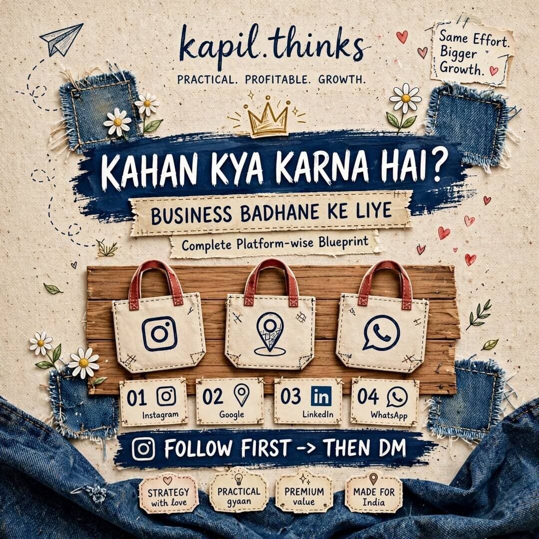 Business badhane ke liye har jagah same kaam mat karo! ❌
Har platform ka apna game hai 👇
01 Instagram = Attention ka adda
02 Google My Business = Trust ka dukaan
03 LinkedIn + FB Groups = Authority banao
04 YouTube + WhatsApp = Sale close karo
Ek jagah pe attention lo, dusri jagah pe trust banao, tabhi business scale hoga.
Zyadatar log sirf Instagram pe lage rehte hain, Google ko bhul jaate hain - aur wahi pe customer aapko search kar raha hota hai.
Konsa wala point aap miss kar rahe ho? Comment me batao.
Pura growth blueprint chahiye?
FOLLOW @kapil.thinks -> DM karo “GROWTH”
by kapil.thinks | Practical. Profitable. Growth.
#BusinessGrowthStrategy #SmallBusinessIndia #LocalBusinessMarketing #GoogleMyBusinessTips #kapilthinks
business kaise badhaye, business growth tips in hindi, small business marketing india, instagram se business kaise badhaye, google my business kaise use kare, local business seo, whatsapp business marketing, linkedin se client kaise laaye, youtube se business growth, startup marketing strategy