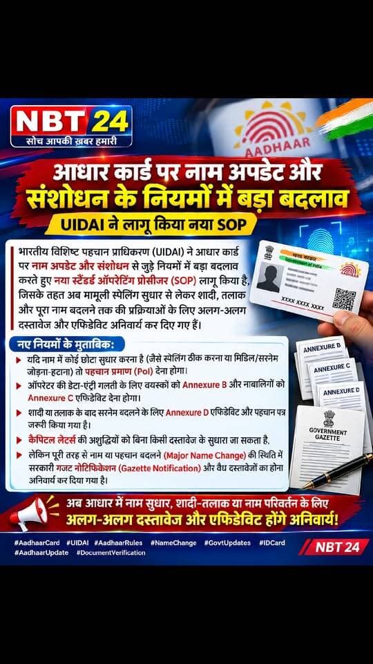 भारतीय विशिष्ट पहचान प्राधिकरण (UIDAI) ने आधार कार्ड पर नाम अपडेट और संशोधन से जुड़े नियमों में बड़ा बदलाव करते हुए नया स्टैंडर्ड ऑपरेटिंग प्रोसीजर (SOP) लागू किया है, जिसके तहत अब मामूली स्पेलिंग सुधार से लेकर शादी, तलाक और पूरा नाम बदलने तक की प्रक्रियाओं के लिए अलग-अलग दस्तावेज और एफिडेविट अनिवार्य कर दिए गए हैं। नए नियमों के मुताबिक, यदि नाम में कोई छोटा सुधार करना है (जैसे स्पेलिंग ठीक करना या मिडिल/सरनेम जोड़ना-हटाना) तो पहचान प्रमाण (PoI) देना होगा। वहीं, ऑपरेटर की डेटा-एंट्री गलती के लिए वयस्कों को Annexure B और नाबालिगों को Annexure C एफिडेविट देना होगा, जबकि शादी या तलाक के बाद सरनेम बदलने के लिए Annexure D एफिडेविट और पहचान पत्र जरूरी किया गया है। इसके अलावा, कैपिटल लेटर्स की अशुद्धियों को बिना किसी दस्तावेज के सुधारा जा सकता है, लेकिन पूरी तरह से नाम या पहचान बदलने (Major Name Change) की स्थिति में सरकारी गजट नोटिफिकेशन (Gazette Notification) और वैध दस्तावेजों का होना अनिवार्य कर दिया गया है।
#AadhaarCard #UIDAI #AadhaarRules #NameChange #GovtUpdates #IDCard #AadhaarUpdate #DocumentVerification
{Aadhaar card rule change 2026, UIDAI new SOP for name update, Aadhaar name correction documents, Gazette notification for Aadhaar name change, Aadhaar affidavit rules, UIDAI guidelines update}
NBT 24