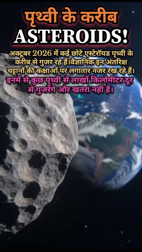 अक्टूबर 2026 में पृथ्वी के करीब से गुजर रहे हैं कई एस्टेरॉयड! 🌍☄️
📝 Description
अक्टूबर 2026 में कई छोटे एस्टेरॉयड पृथ्वी के पास से गुजर रहे हैं। इनमें से कुछ लाखों किलोमीटर दूर से गुजरेंगे और वैज्ञानिक लगातार इन पर नजर रख रहे हैं। 🌌🔭
फिलहाल इनसे पृथ्वी को कोई खतरा नहीं है।
#️⃣ Hashtags
#Asteroid #SpaceNews #SpaceFacts #Earth