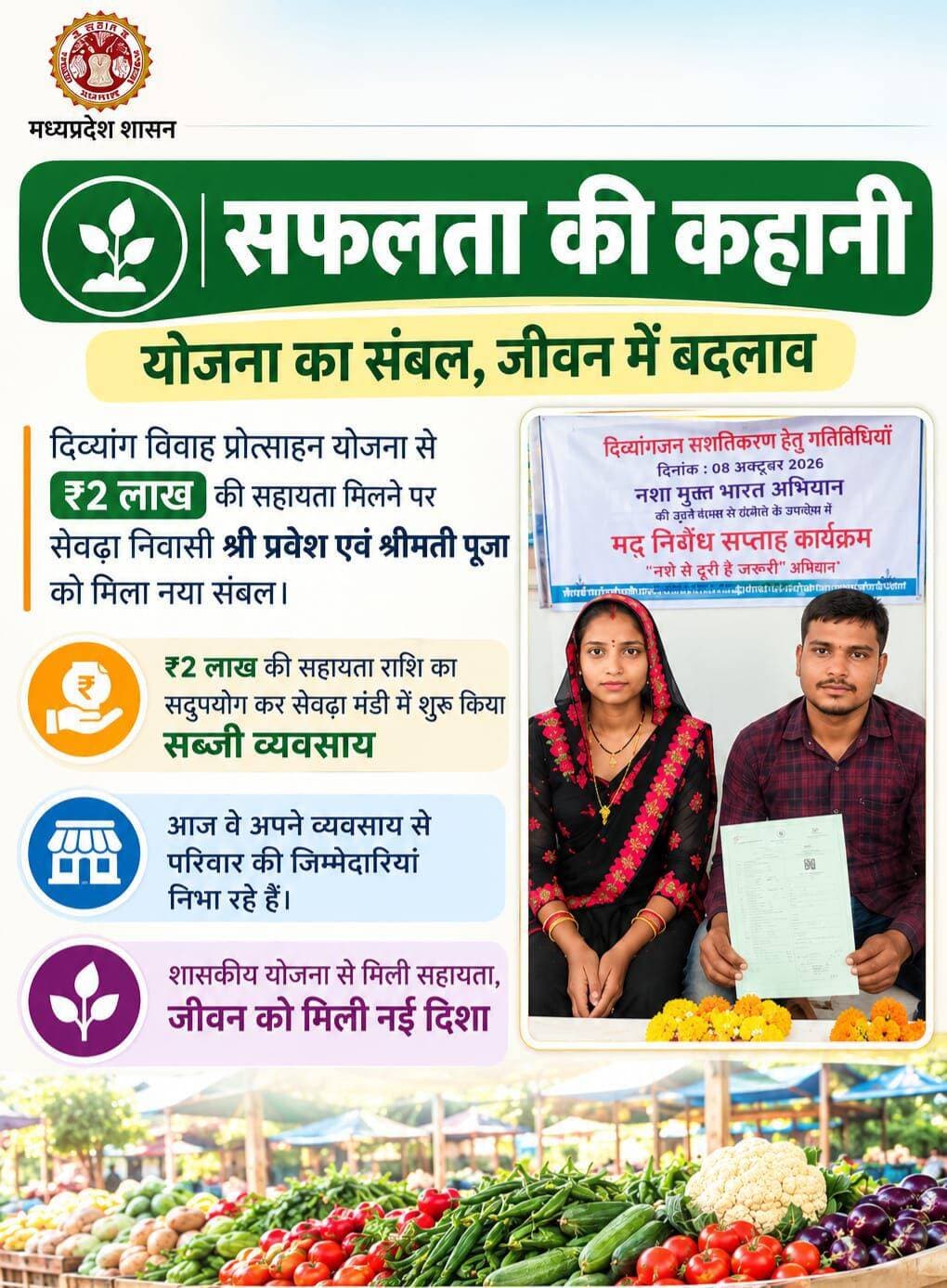 <nis:link nis:type=tag nis:id=कहानी_बदलाव_की nis:value=कहानी_बदलाव_की nis:enabled=true nis:link/>
योजना का संबल, जीवन में बदलाव
दिव्यांग विवाह प्रोत्साहन योजना से मिली ₹2 लाख की सहायता से सेवढ़ा निवासी श्री प्रवेश एवं श्रीमती पूजा ने नई शुरुआत की।
सहायता राशि से सेवढ़ा मंडी में सब्जी व्यवसाय शुरू कर प्रवेश अपने परिवार की जिम्मेदारियां निभा रहे हैं।
Dr Mohan Yadav CM Madhya Pradesh
Jansampark Madhya Pradesh
<nis:link nis:type=tag nis:id=datia nis:value=datia nis:enabled=true nis:link/> <nis:link nis:type=tag nis:id=cmmadhyapradesh nis:value=CMMadhyaPradesh nis:enabled=true nis:link/> <nis:link nis:type=tag nis:id=jansamparkmp nis:value=JansamparkMP nis:enabled=true nis:link/> <nis:link nis:type=tag nis:id=दतिया nis:value=दतिया nis:enabled=true nis:link/> <nis:link nis:type=tag nis:id=successstory nis:value=SuccessStory nis:enabled=true nis:link/> <nis:link nis:type=tag nis:id=madhyapradesh nis:value=MadhyaPradesh nis:enabled=true nis:link/>
