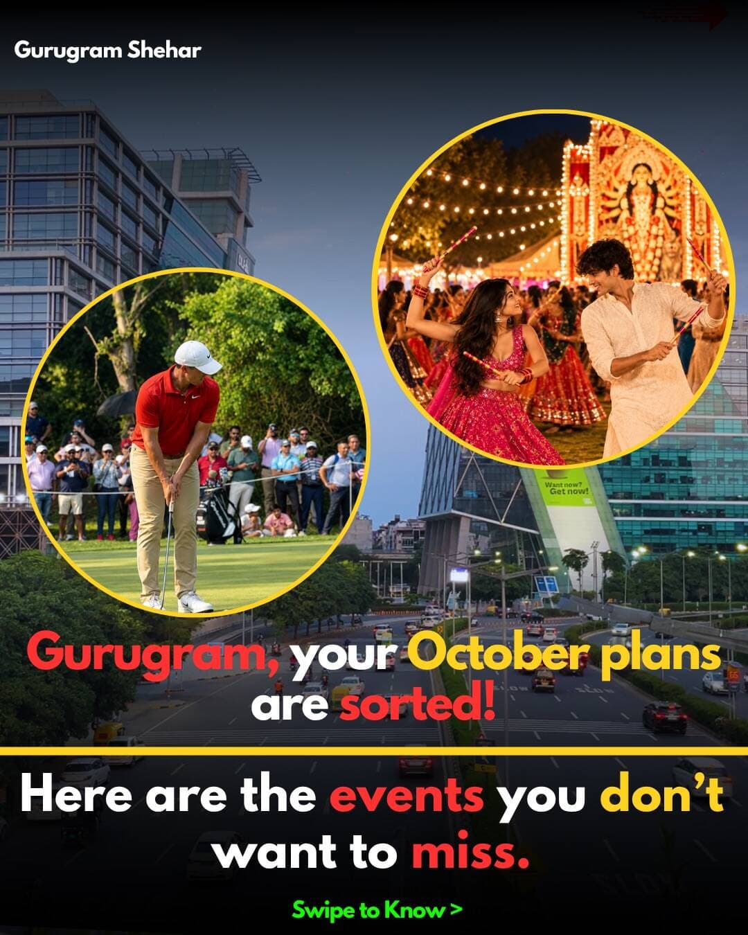 “October is here, and Gurugram has plenty going on! 👀
From music and art to food, festivals and fun outings, here are some events happening around the city this month.
📌 Save this post for your October plans.
💬 Comment below and tell us which one you’re planning to check out!
Follow Gurugram Seher for more things to do, places to explore and what’s happening around Gurugram.
#GurugramSeher #Gurugram #Gurgaon #GurugramEvents #GurgaonEvents